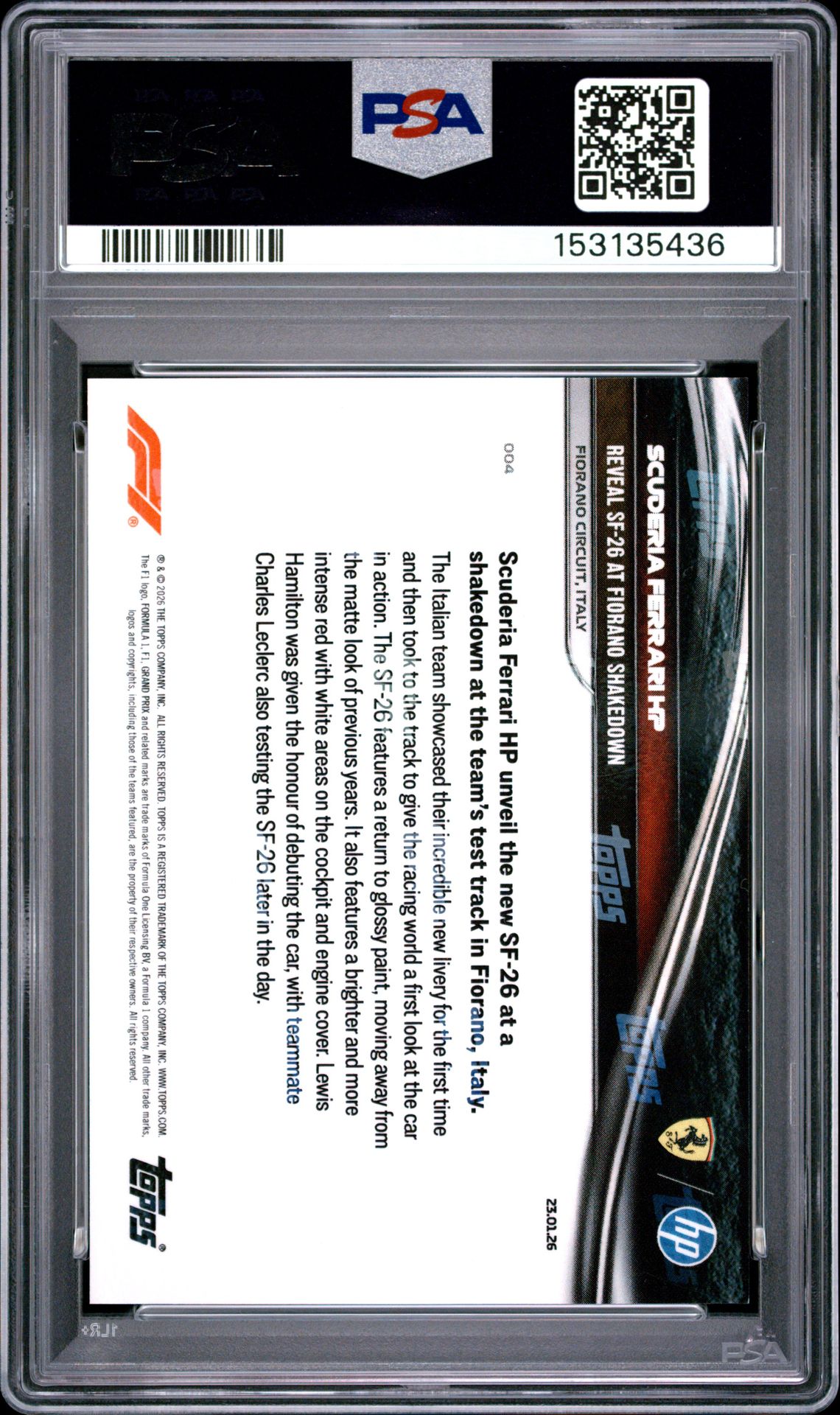 2026 Topps Now Formula 1 Scuderia Ferrari Hp #4 Gem Mt 10 back view - PSA certificate #153135436