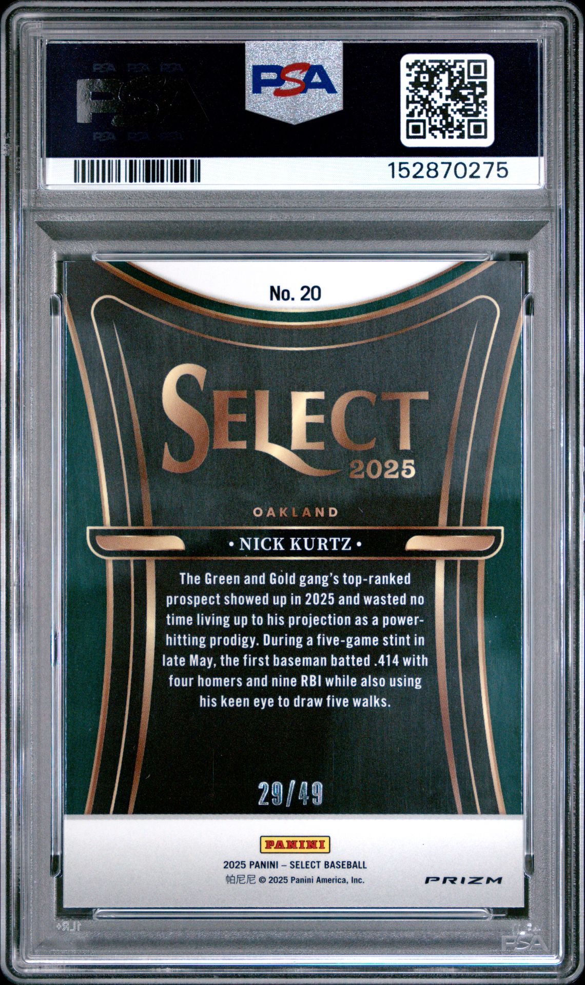 2025 Panini Select Phenomenon Nick Kurtz #20 (Phenomenon-Blue Prizm) Gem Mt 10 back