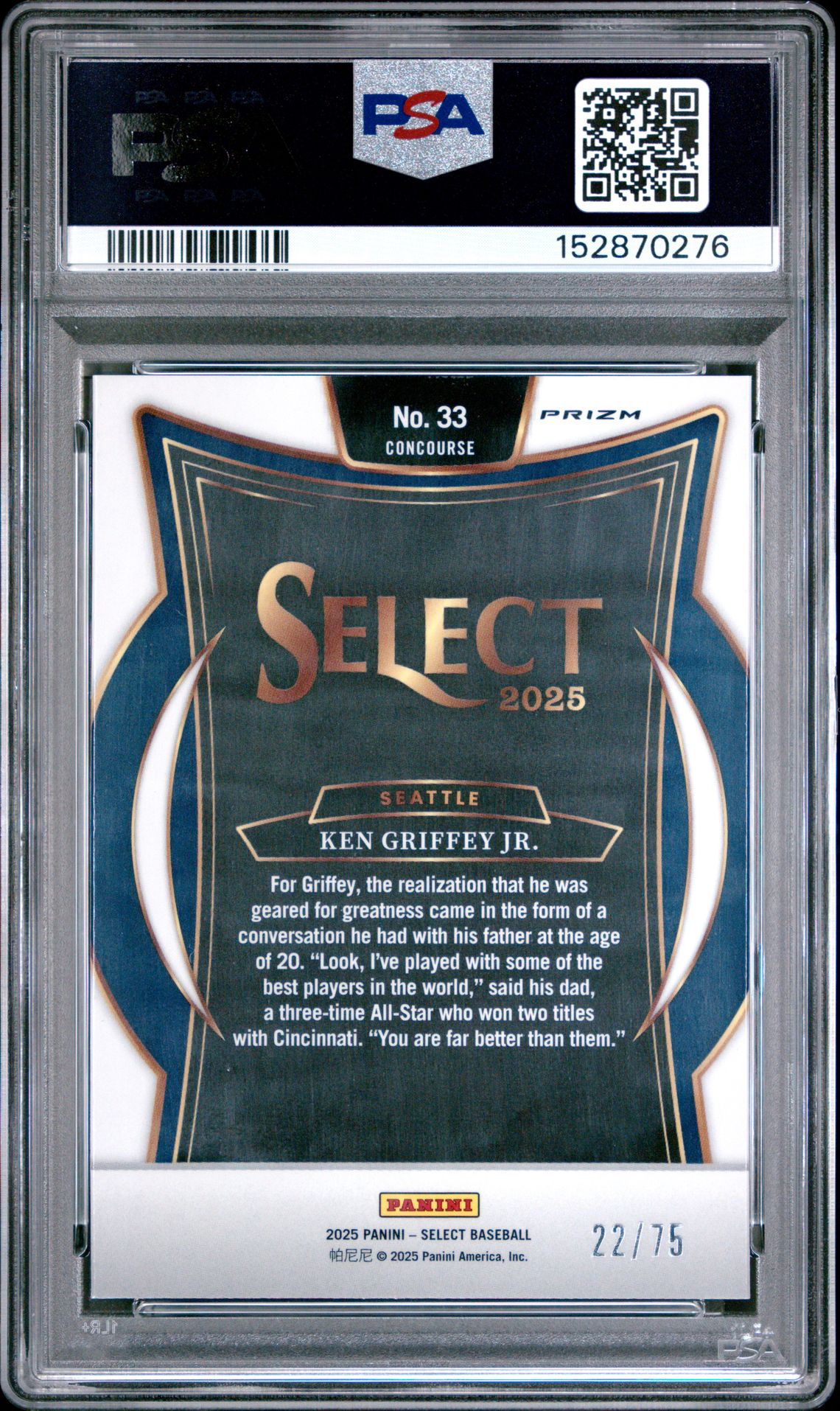 2025 Panini Select Ken Griffey Jr. #33 (Purple Prizm) Gem Mt 10 back