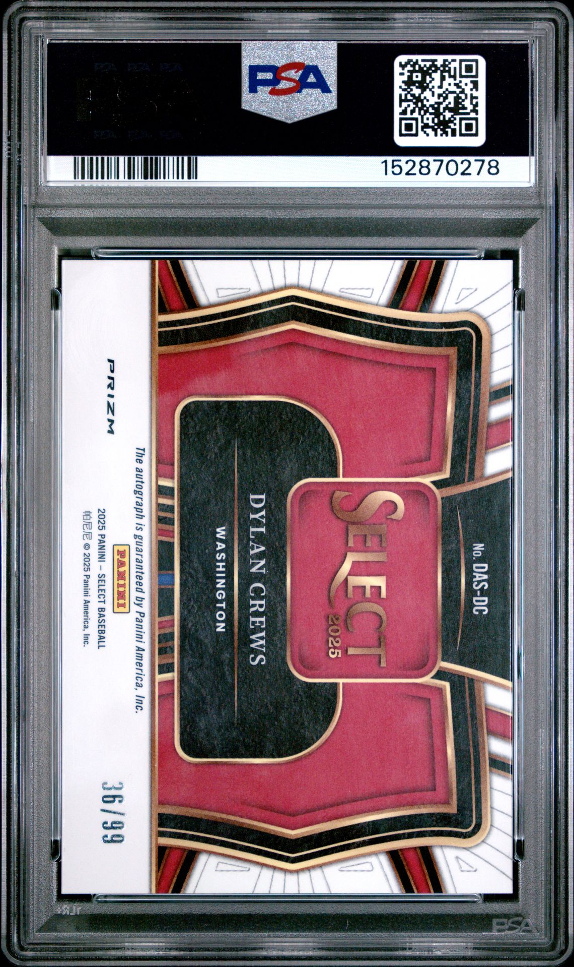 2025 Panini Select Diamond Action Signatures Dylan Crews #Das-Dc (Diamond Action Sig-Red Prizm) Gem Mt 10 back