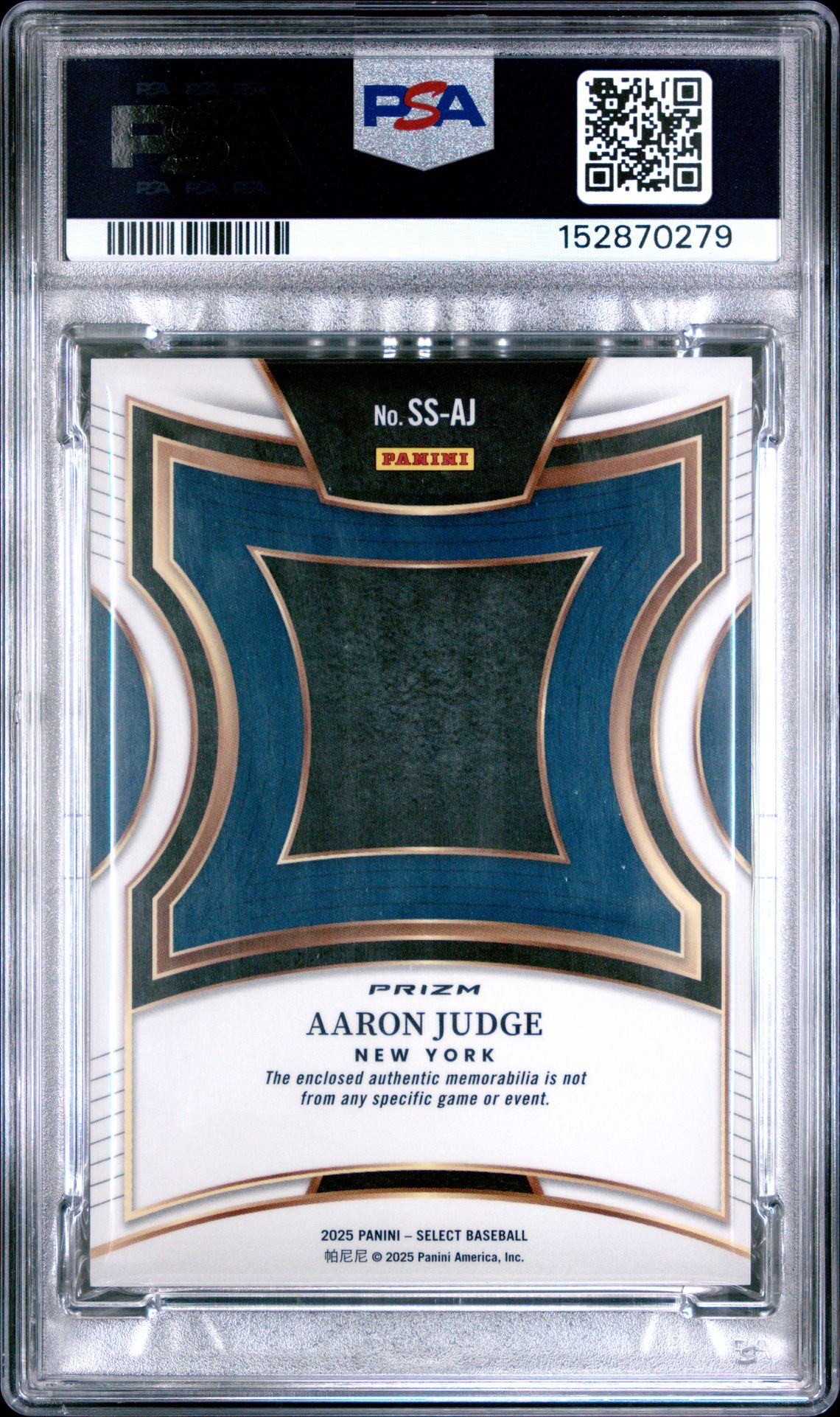 2025 Panini Select Selective Swatches Aaron Judge #Ss-Aj Gem Mt 10 back