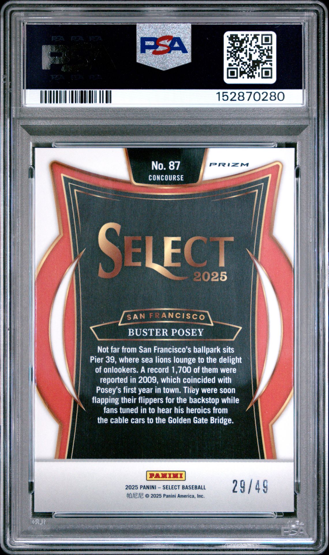 2025 Panini Select Buster Posey #87 (Neon Green Prizm) Gem Mt 10 back