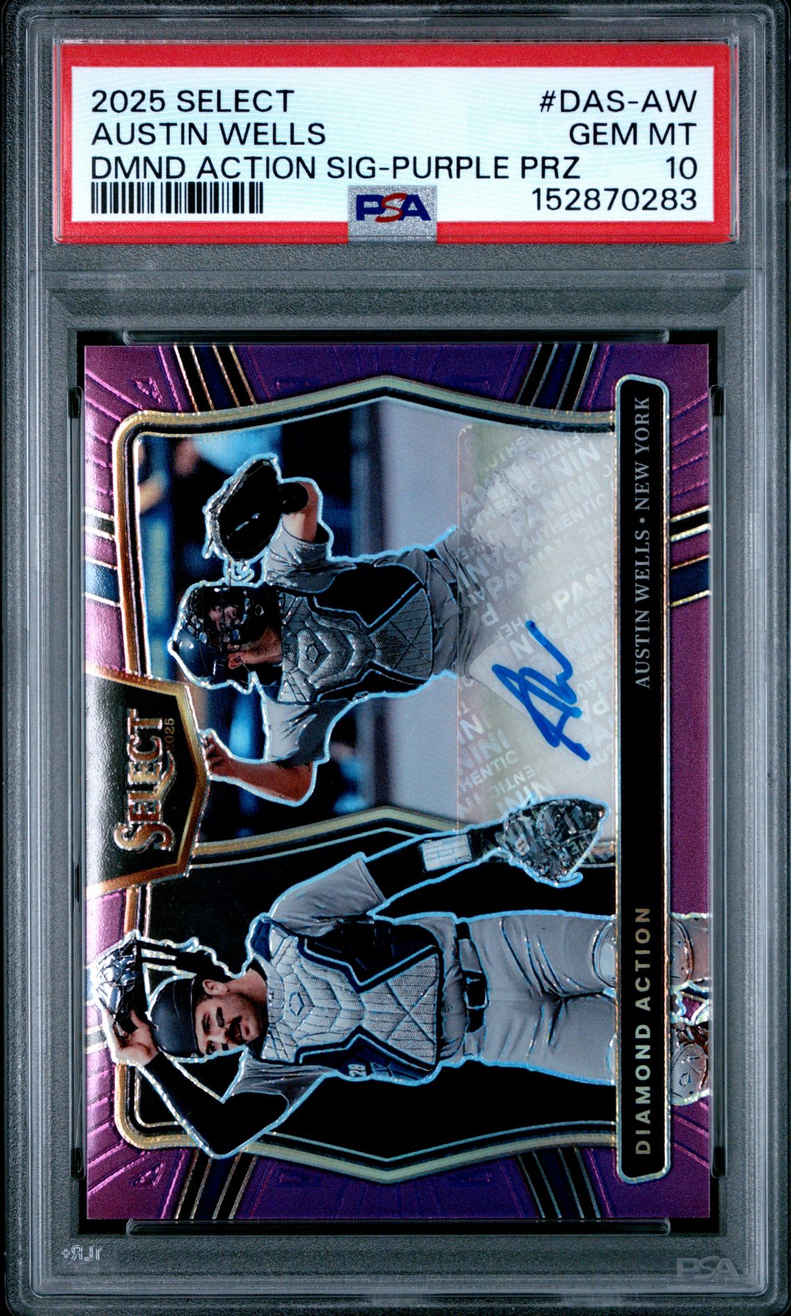 2025 Panini Select Diamond Action Signatures Austin Wells #Das-Aw (Dmd Action Sig-Purple Prizm) Gem Mt 10 front