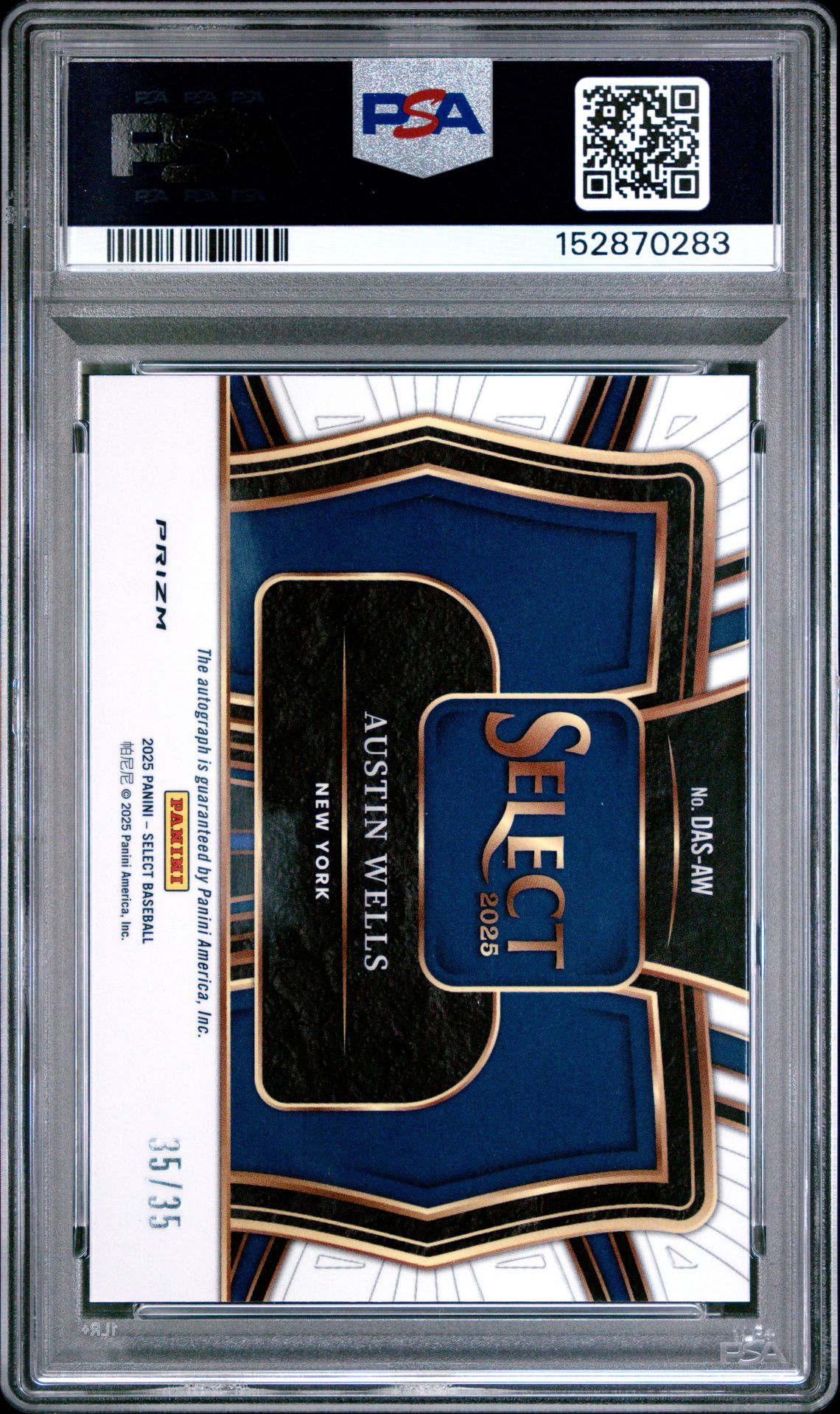 2025 Panini Select Diamond Action Signatures Austin Wells #Das-Aw (Dmd Action Sig-Purple Prizm) Gem Mt 10 back