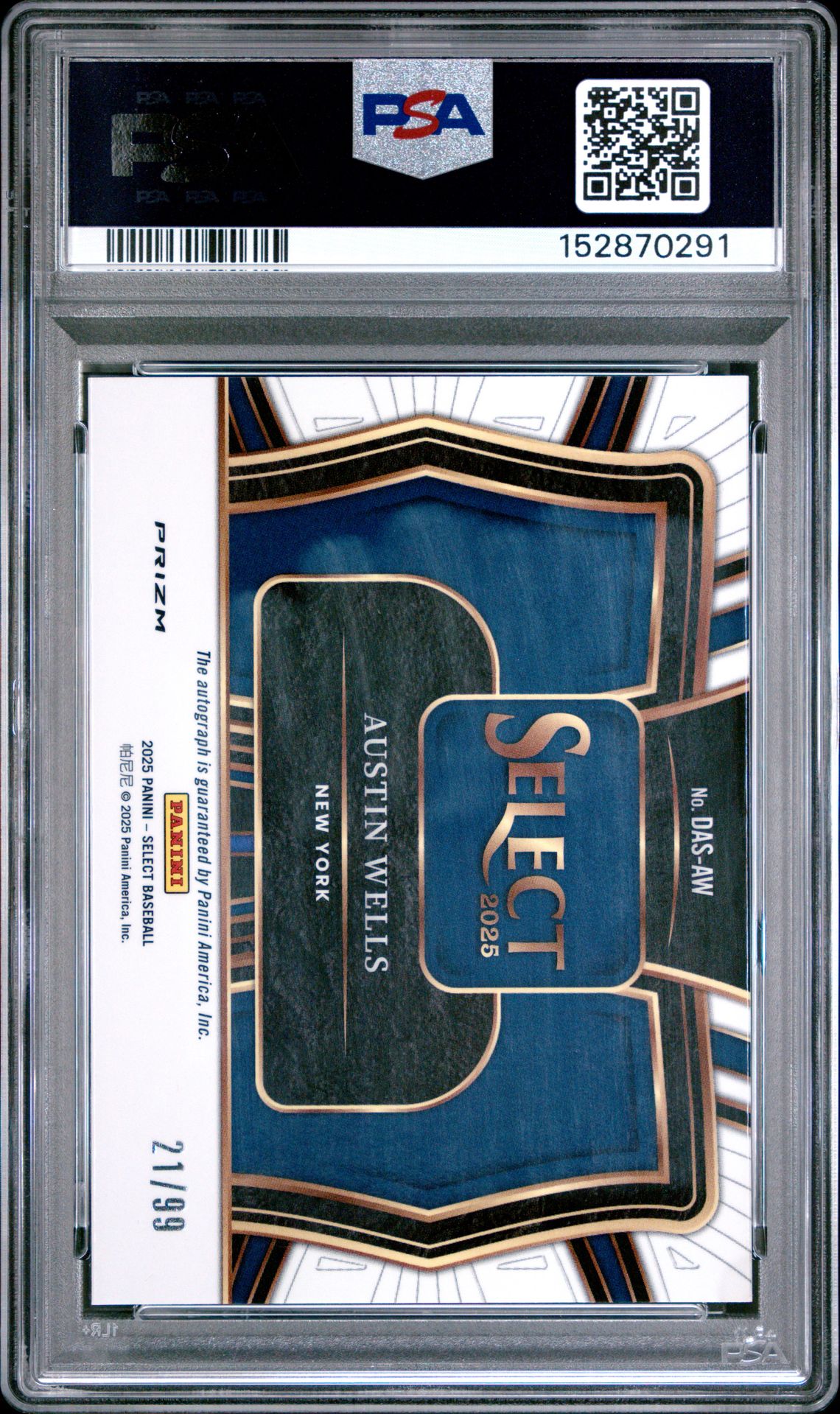 2025 Panini Select Diamond Action Signatures Austin Wells #Das-Aw (Diamond Action Sig-Red Prizm) Gem Mt 10 back