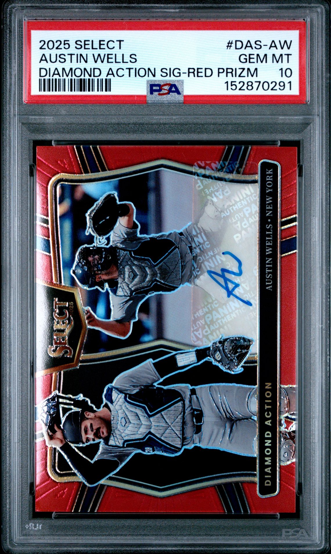 2025 Panini Select Diamond Action Signatures Austin Wells #Das-Aw (Diamond Action Sig-Red Prizm) Gem Mt 10 front