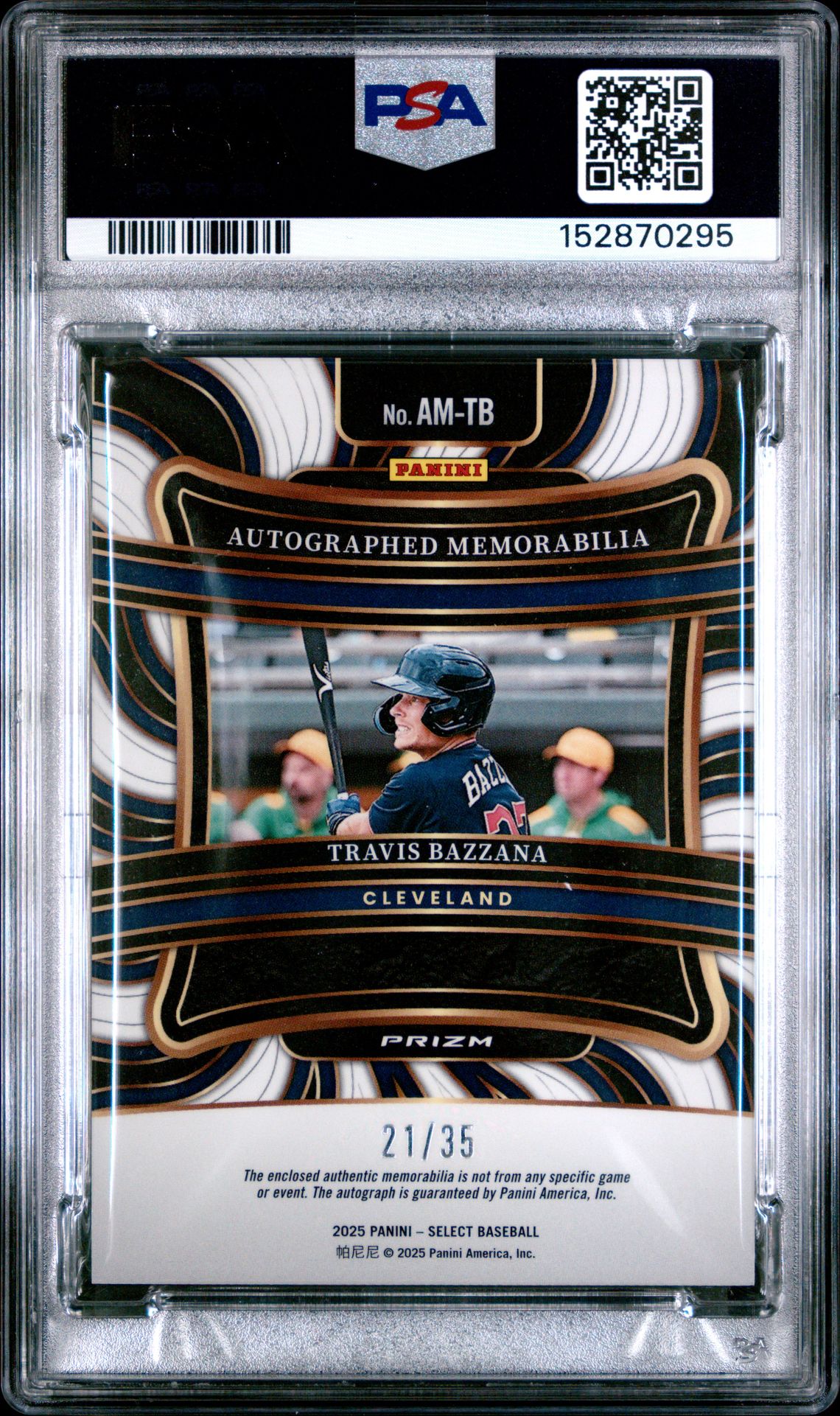 2025 Panini Select Autographed Memorabilia Travis Bazzana #Am-Tb (Auto Mem-Blue Prizm) Mint 9 back