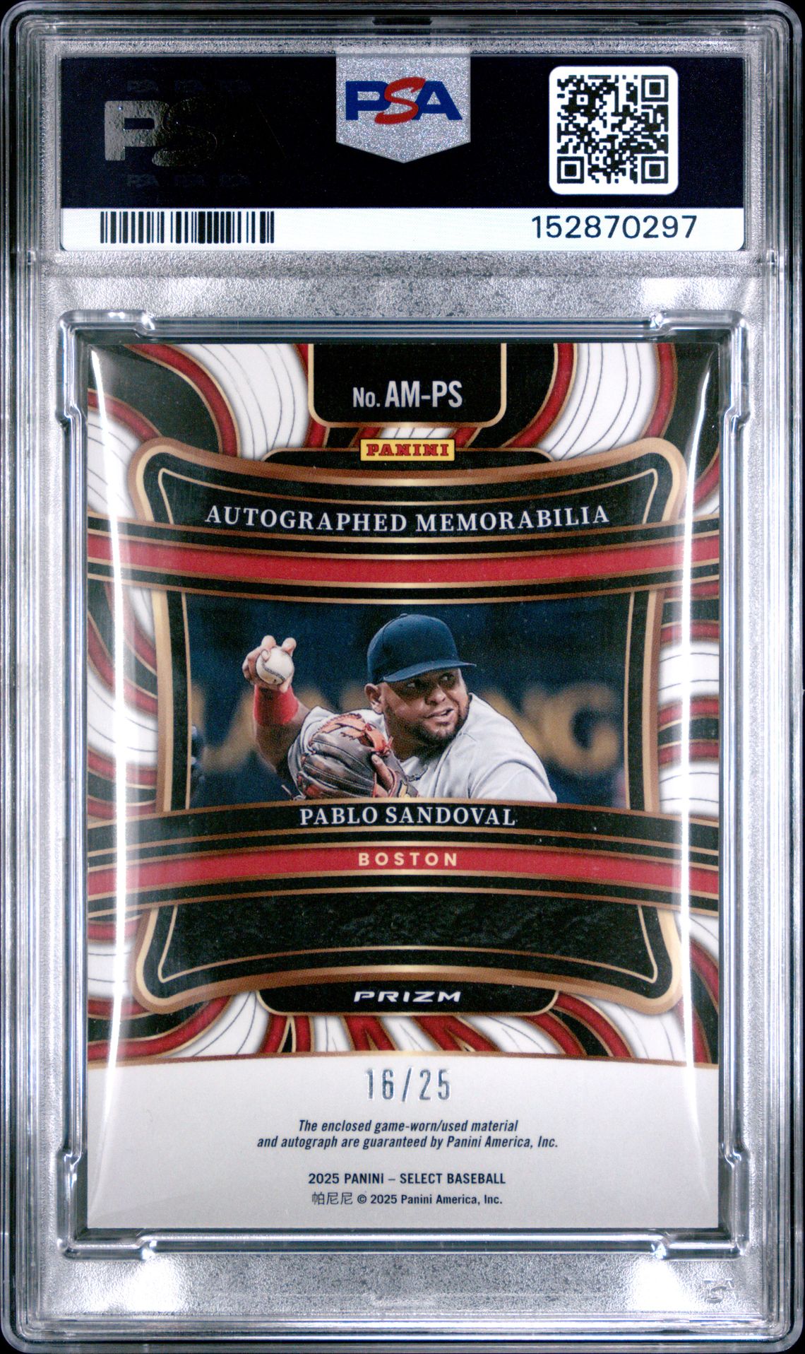 2025 Panini Select Autographed Memorabilia Pablo Sandoval #Am-Ps (Auto Mem-Tie-Dye Prizm) Mint 9 back