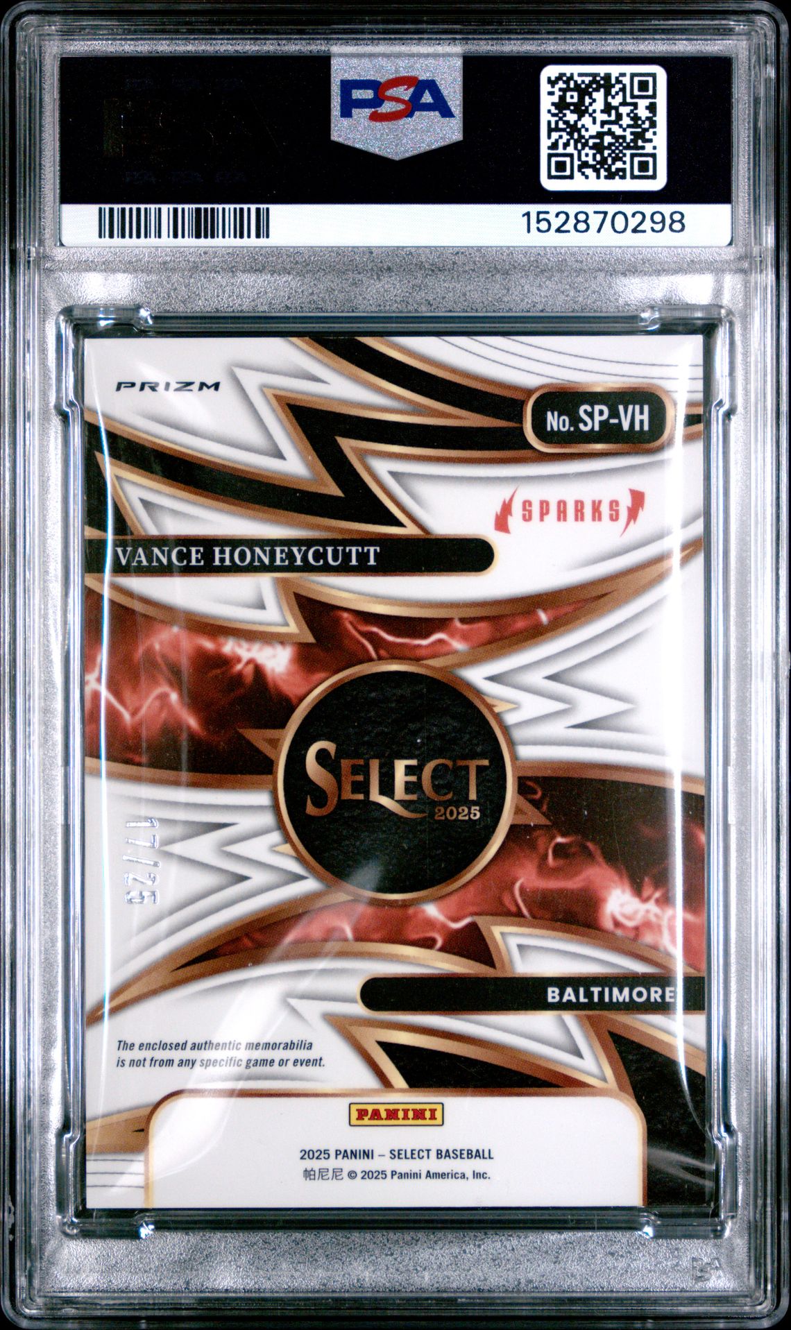 2025 Panini Select Sparks Materials Vance Honeycutt #Sp-Vh (Sparks Mat-Tie-Dye Prizm) Mint 9 back