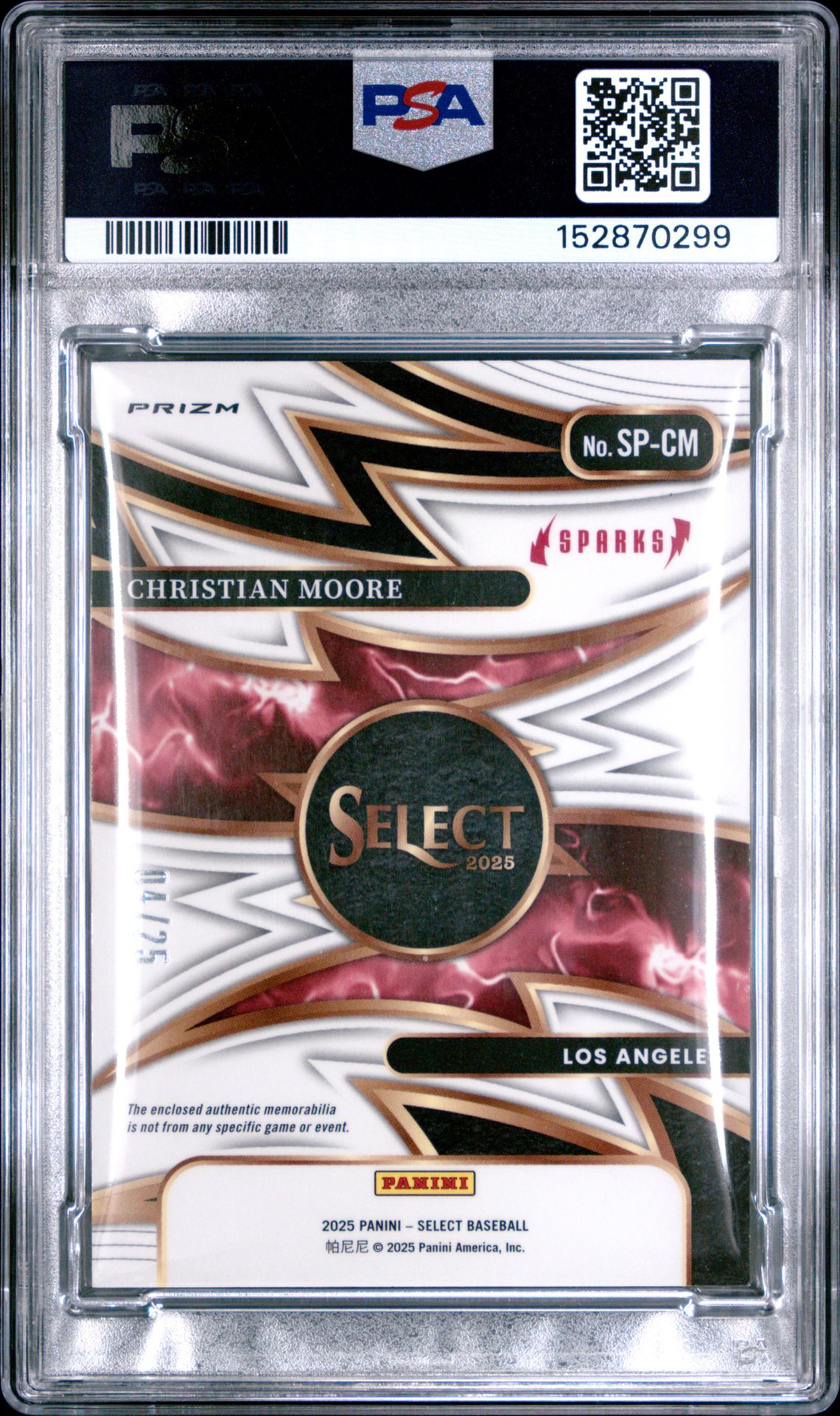 2025 Panini Select Sparks Materials Christian Moore #Sp-Cm (Sparks Mat-Tie-Dye Prizm) Mint 9 back