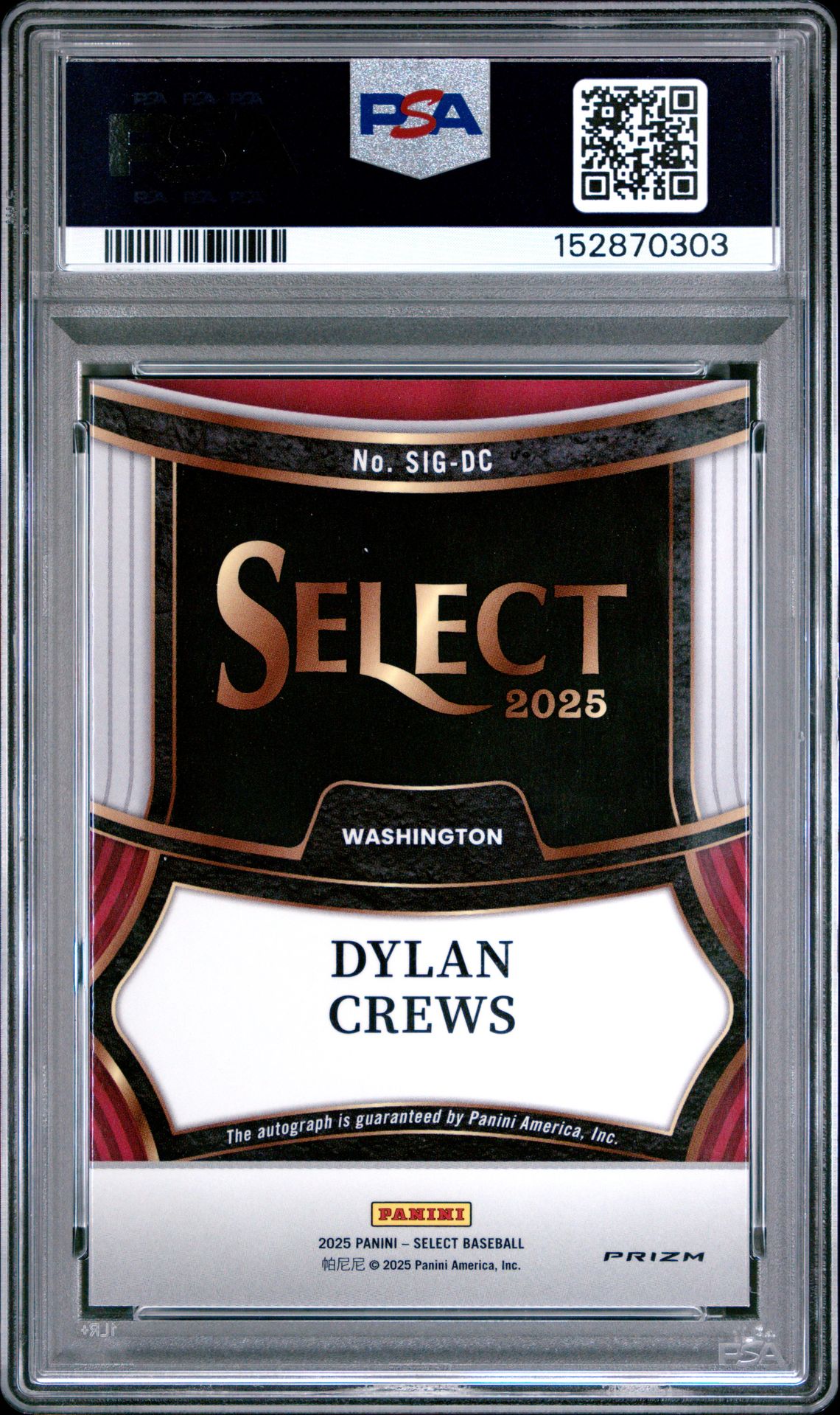 2025 Panini Select Signatures Dylan Crews #Sig-Dc (Signatures) Gem Mt 10 back
