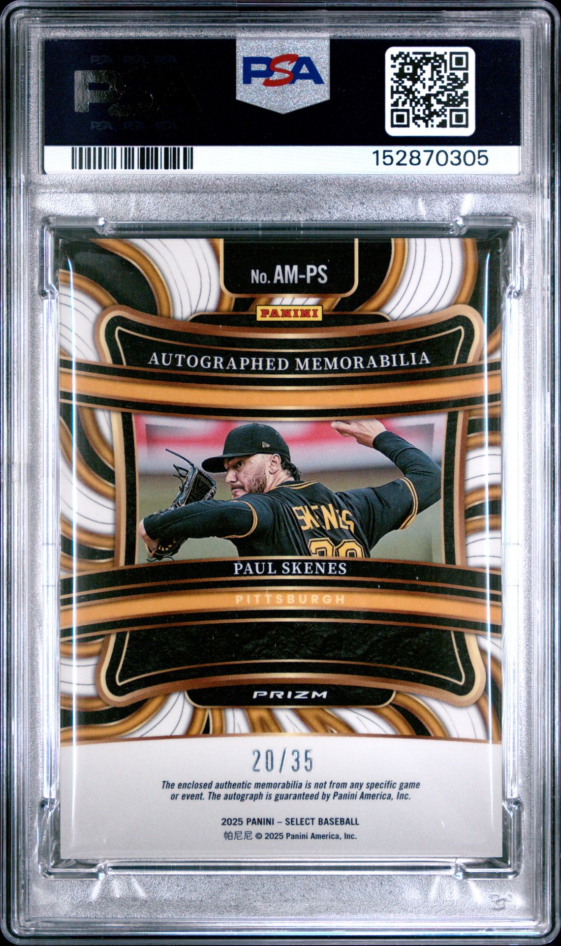 2025 Panini Select Autographed Memorabilia Paul Skenes #Am-Ps (Auto Mem-Blue Prizm) Nm-Mt+ 8.5 back