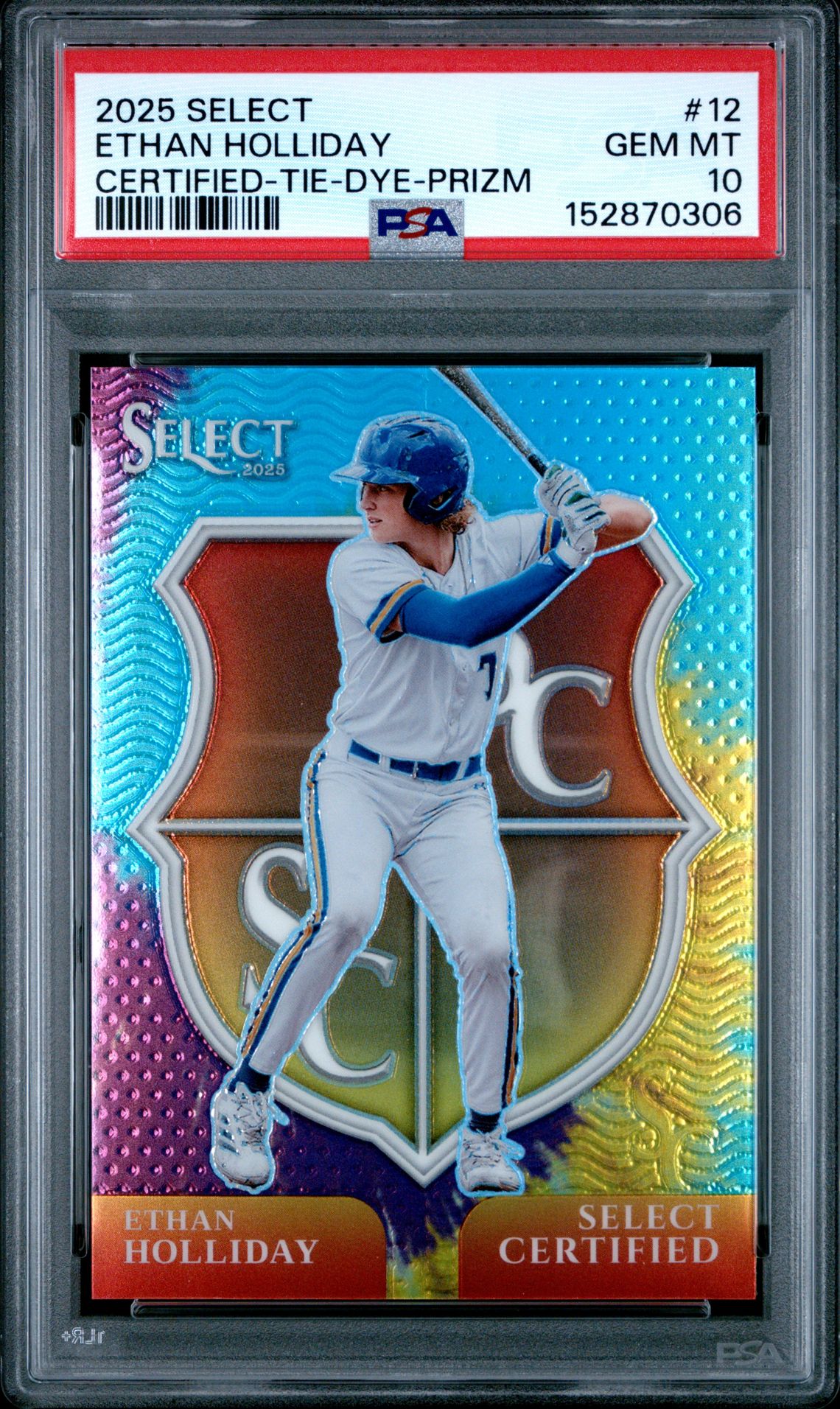 2025 Panini Select Select Certified Ethan Holliday #12 (Certified-Tie-Dye Prizm) Gem Mt 10 front