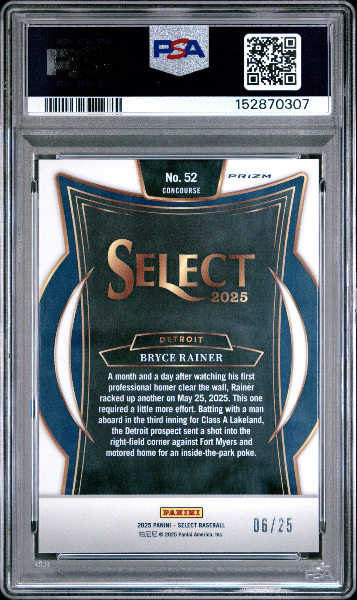 2025 Panini Select Bryce Rainer #52 (Tie-Dye Prizm) Gem Mt 10 back