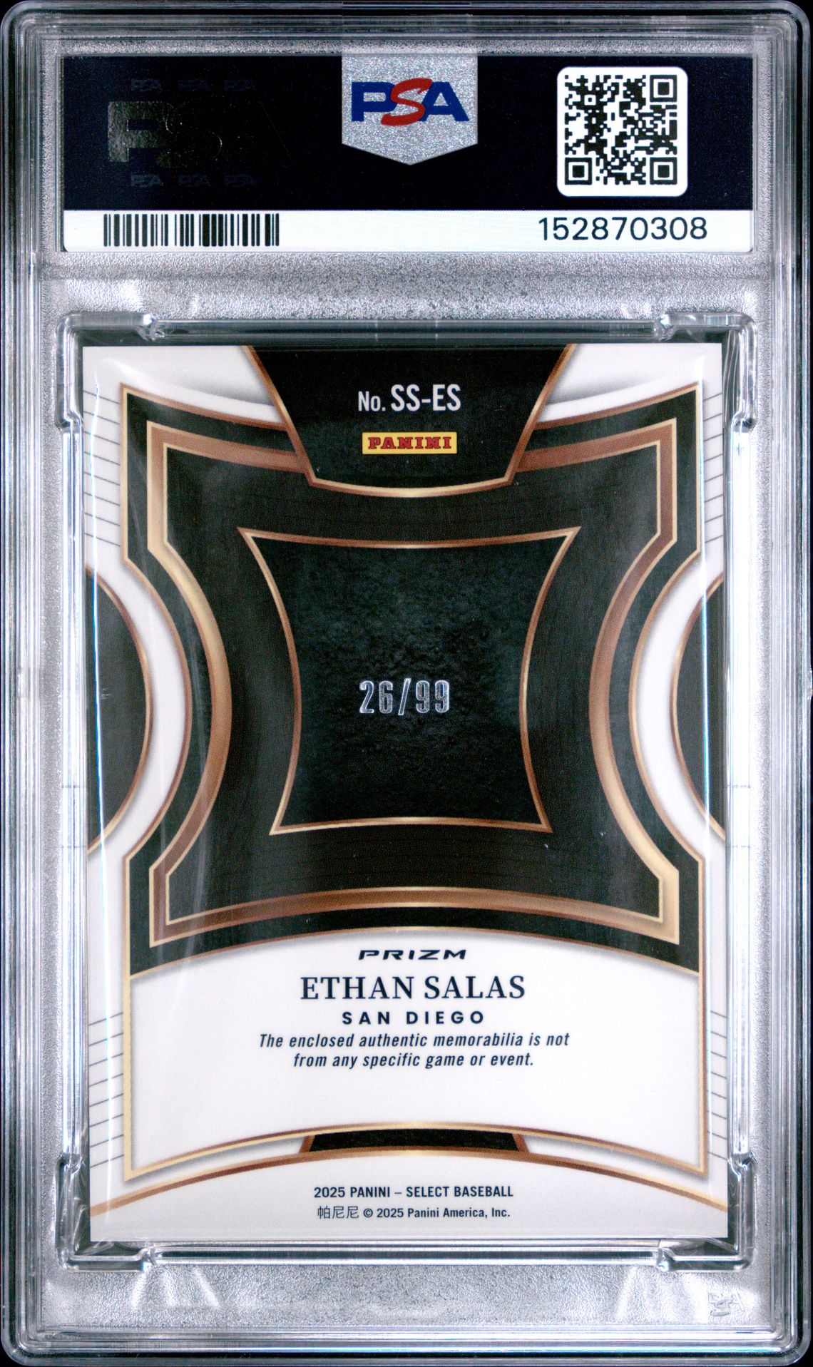 2025 Panini Select Selective Swatches Ethan Salas #Ss-Es (Selective Swt-Red Prizm) Gem Mt 10 back