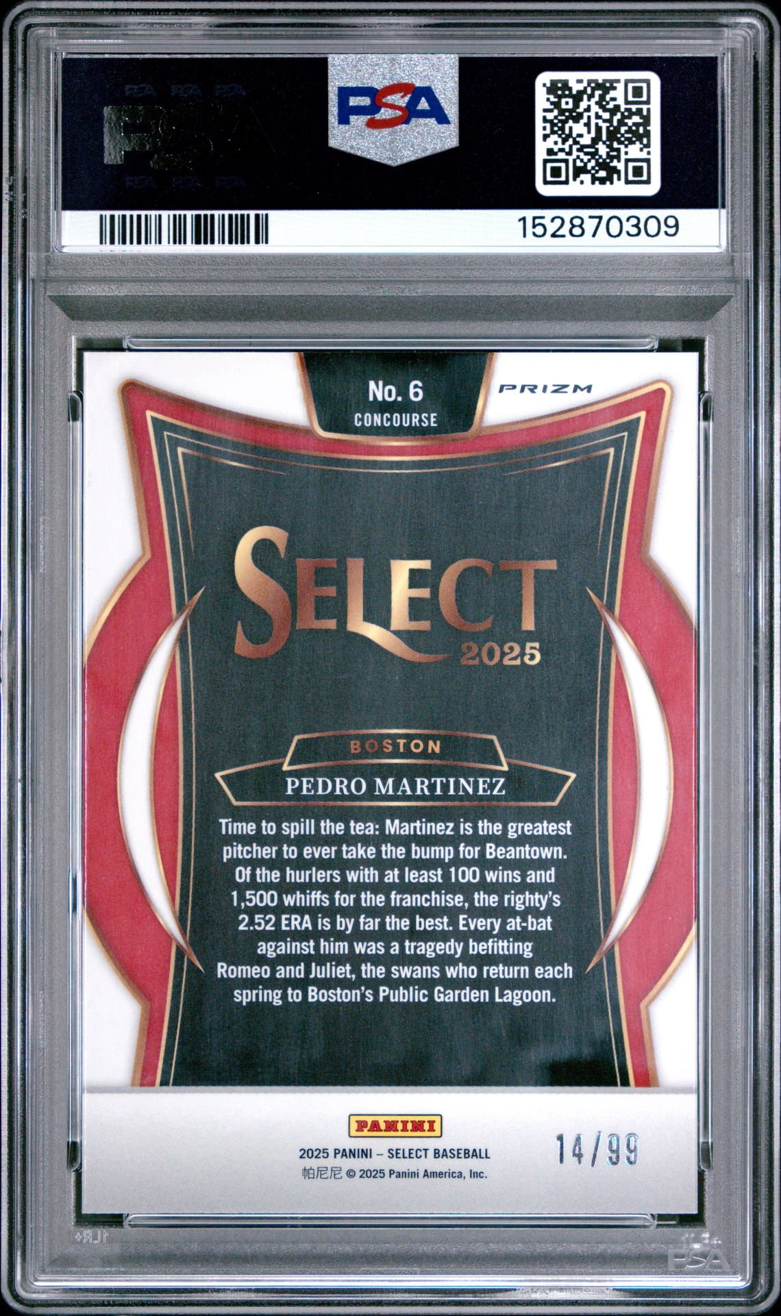 2025 Panini Select Pedro Martinez #6 (White Prizm) Gem Mt 10 back