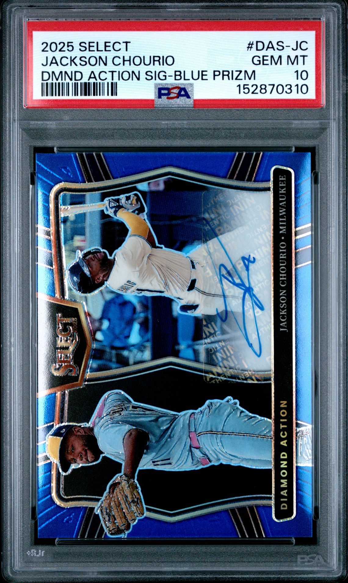 2025 Panini Select Diamond Action Signatures Jackson Chourio #Das-Jc (Dmd Action Sig-Blue Prizm) Gem Mt 10 front