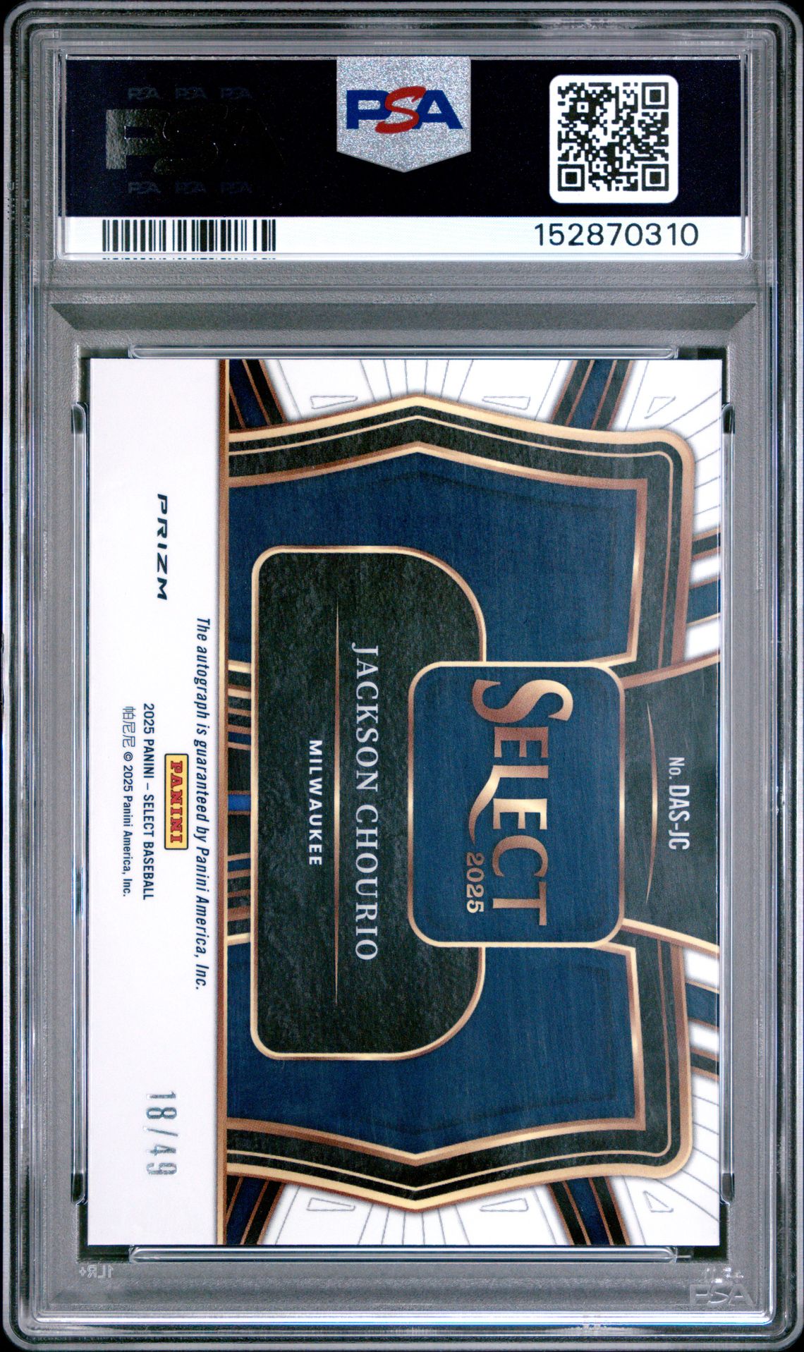 2025 Panini Select Diamond Action Signatures Jackson Chourio #Das-Jc (Dmd Action Sig-Blue Prizm) Gem Mt 10 back