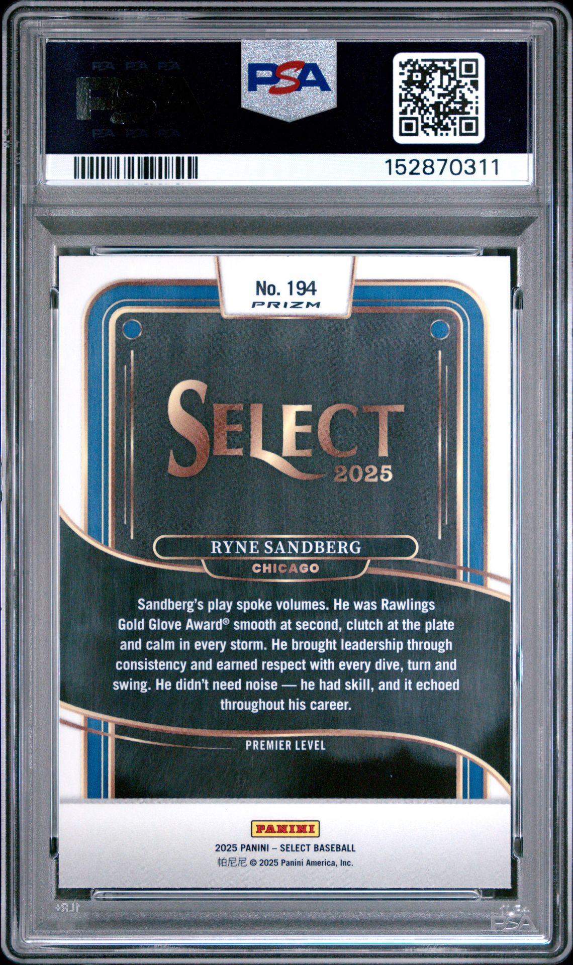 2025 Panini Select Ryne Sandberg #194 (Silver Prizm) Gem Mt 10 back