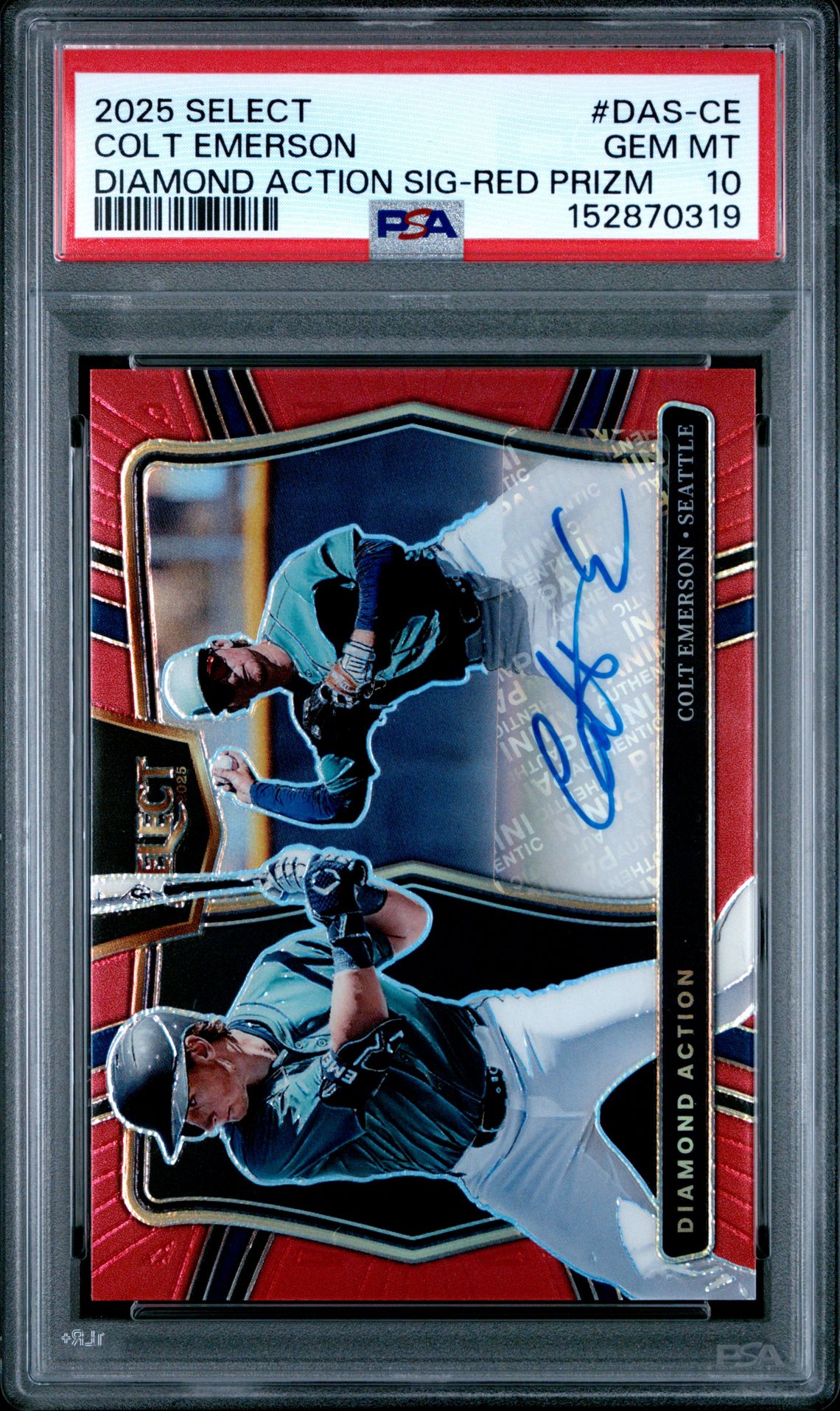2025 Panini Select Diamond Action Signatures Colt Emerson #Das-Ce (Diamond Action Sig-Red Prizm) Gem Mt 10 front