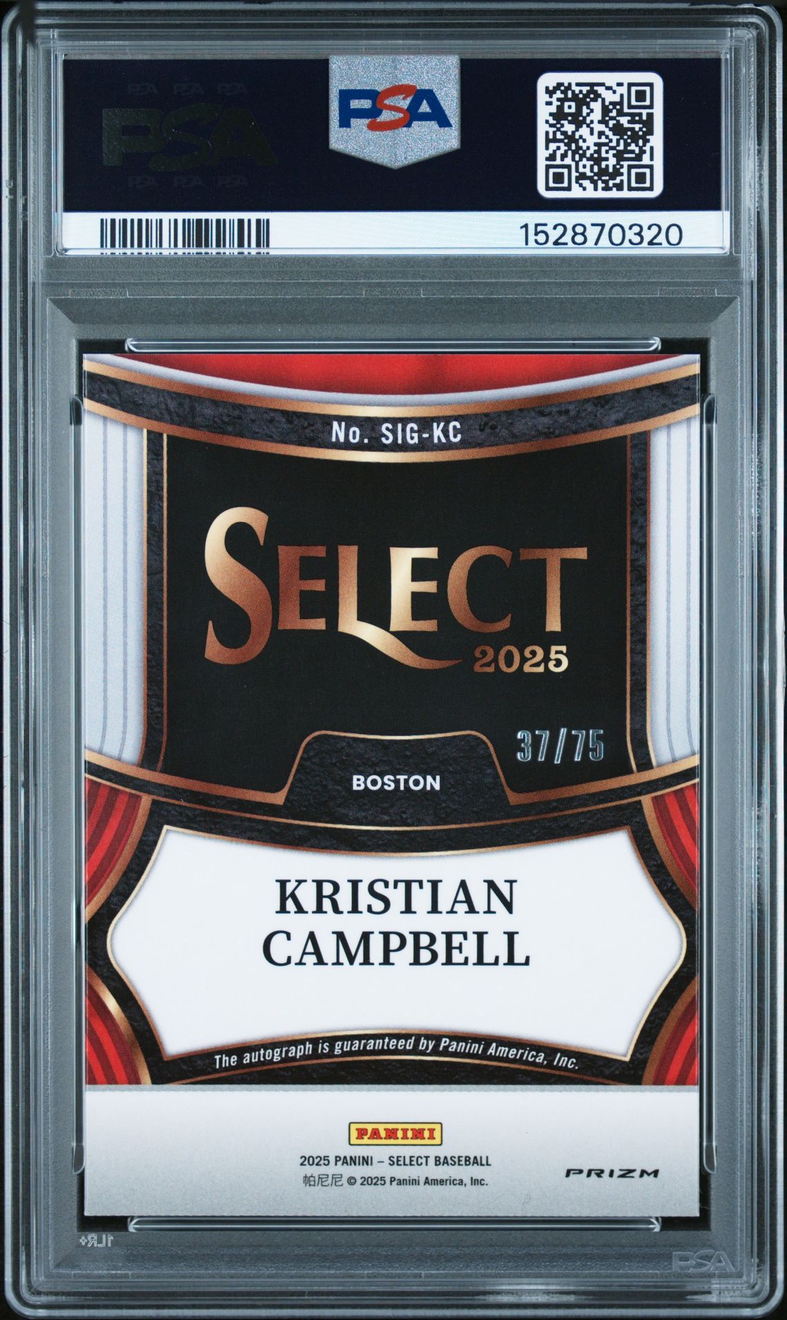 2025 Panini Select Signatures Kristian Campbell #Sig-Kc (Signatures-Orange Prizm) Gem Mt 10 back