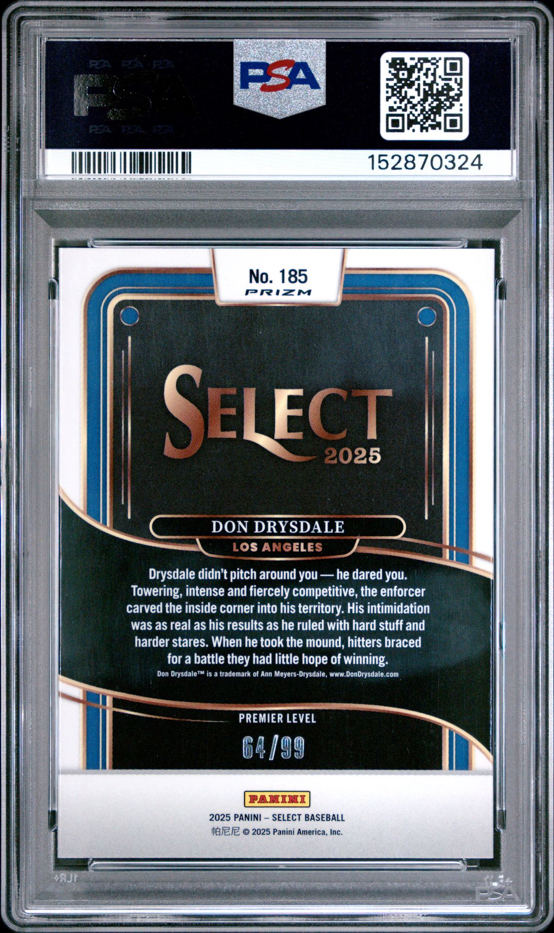 2025 Panini Select Don Drysdale #185 (White Prizm) Gem Mt 10 back