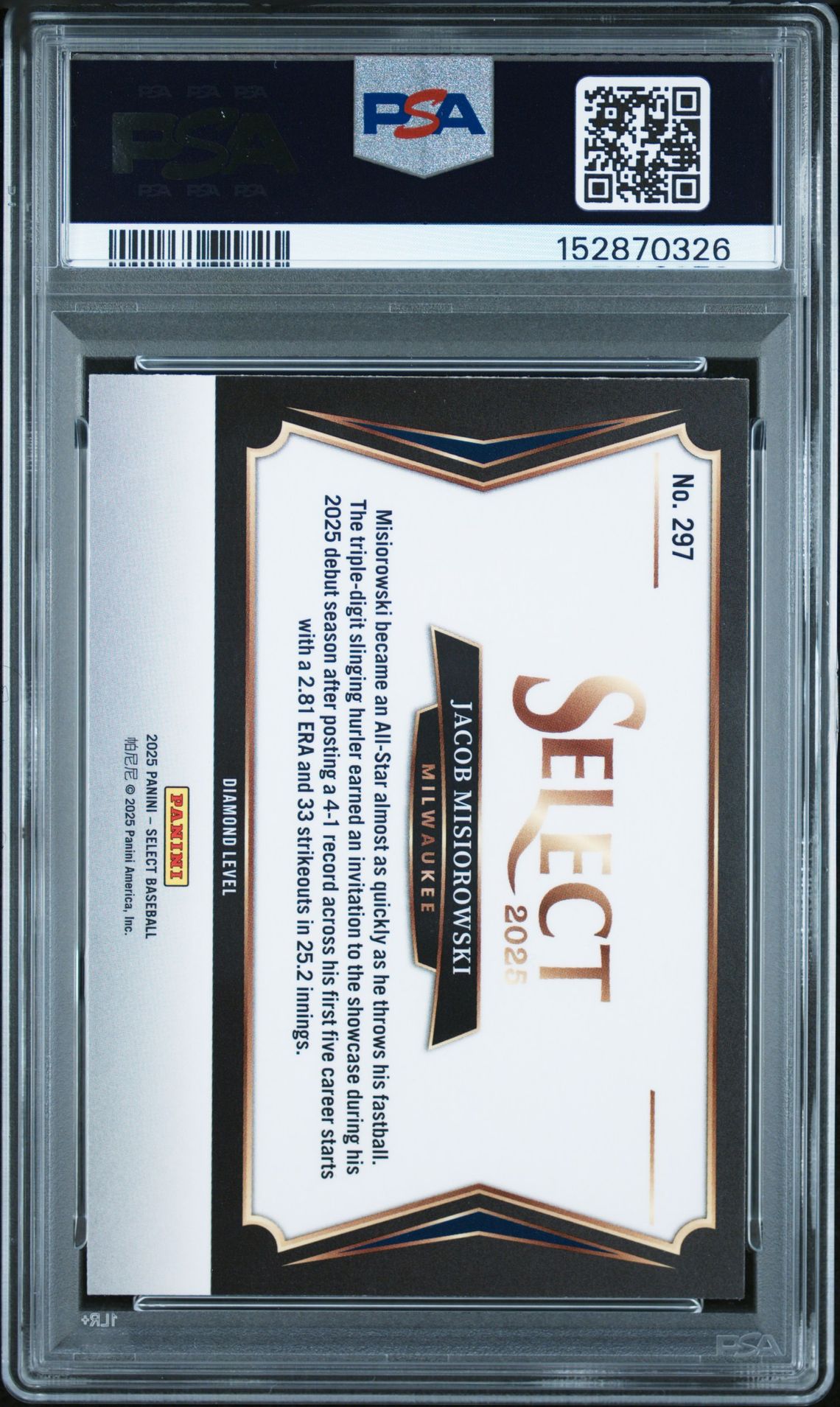2025 Panini Select Jacob Misiorowski #297 Gem Mt 10 back