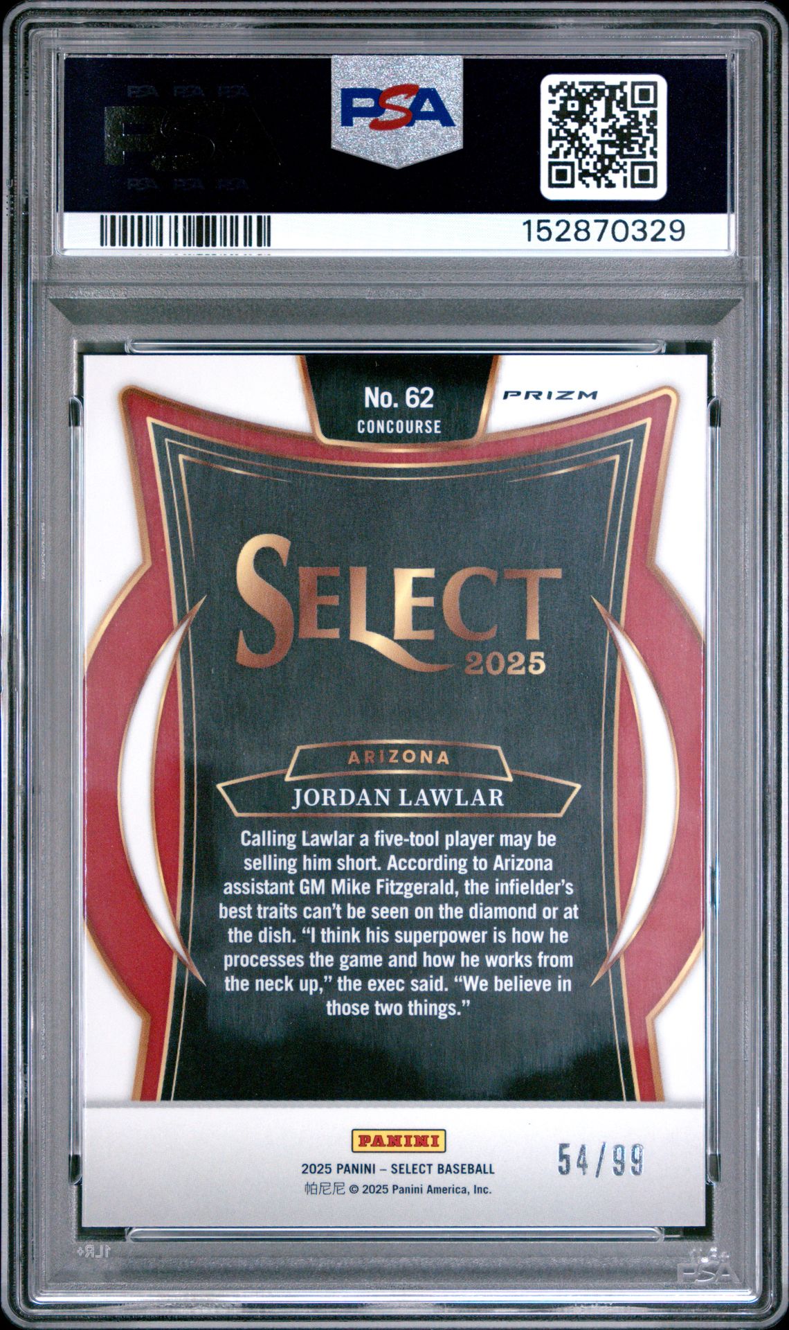2025 Panini Select Jordan Lawlar #62 (White Prizm) Gem Mt 10 back