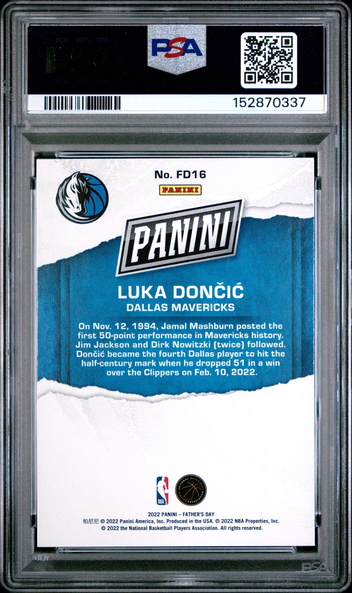 2022 Panini Father's Day Luka Doncic #Fd16 Gem Mt 10 back
