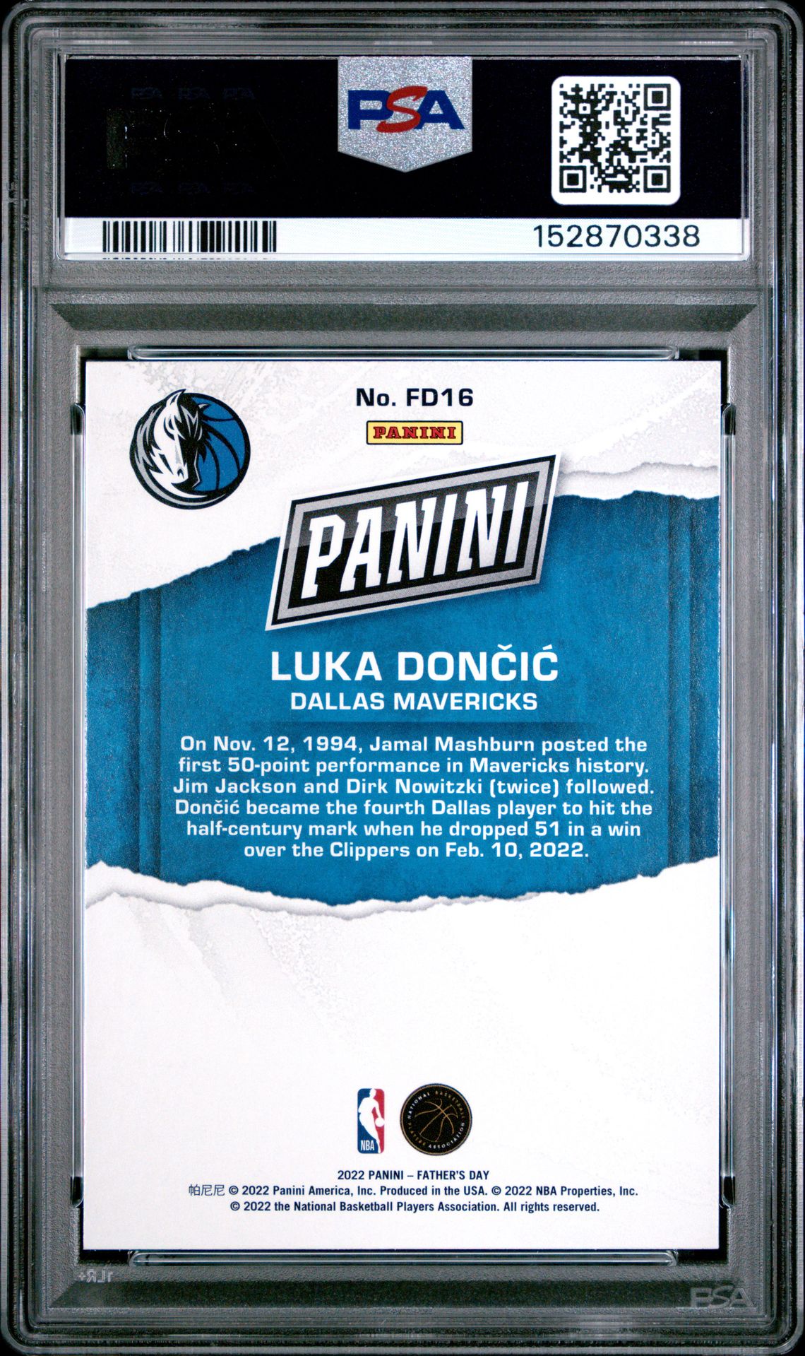 2022 Panini Father's Day Luka Doncic #Fd16 Gem Mt 10 back