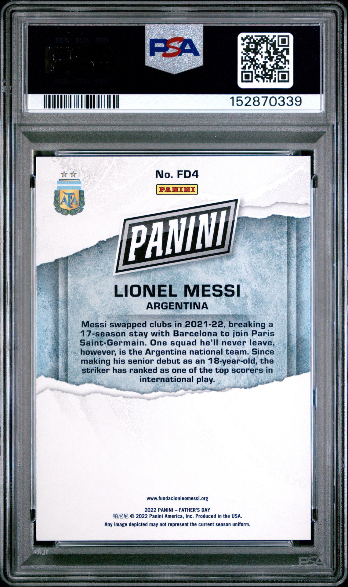 2022 Panini Father's Day Lionel Messi #Fd4 Gem Mt 10 back