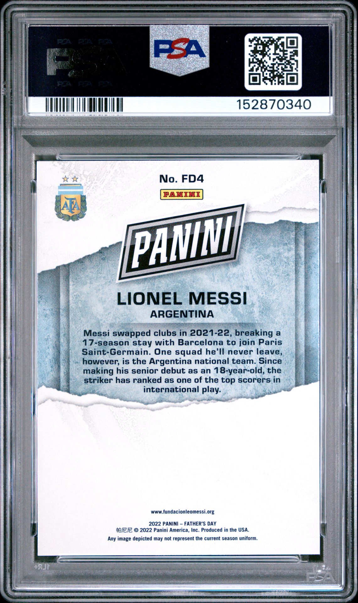 2022 Panini Father's Day Lionel Messi #Fd4 Gem Mt 10 back