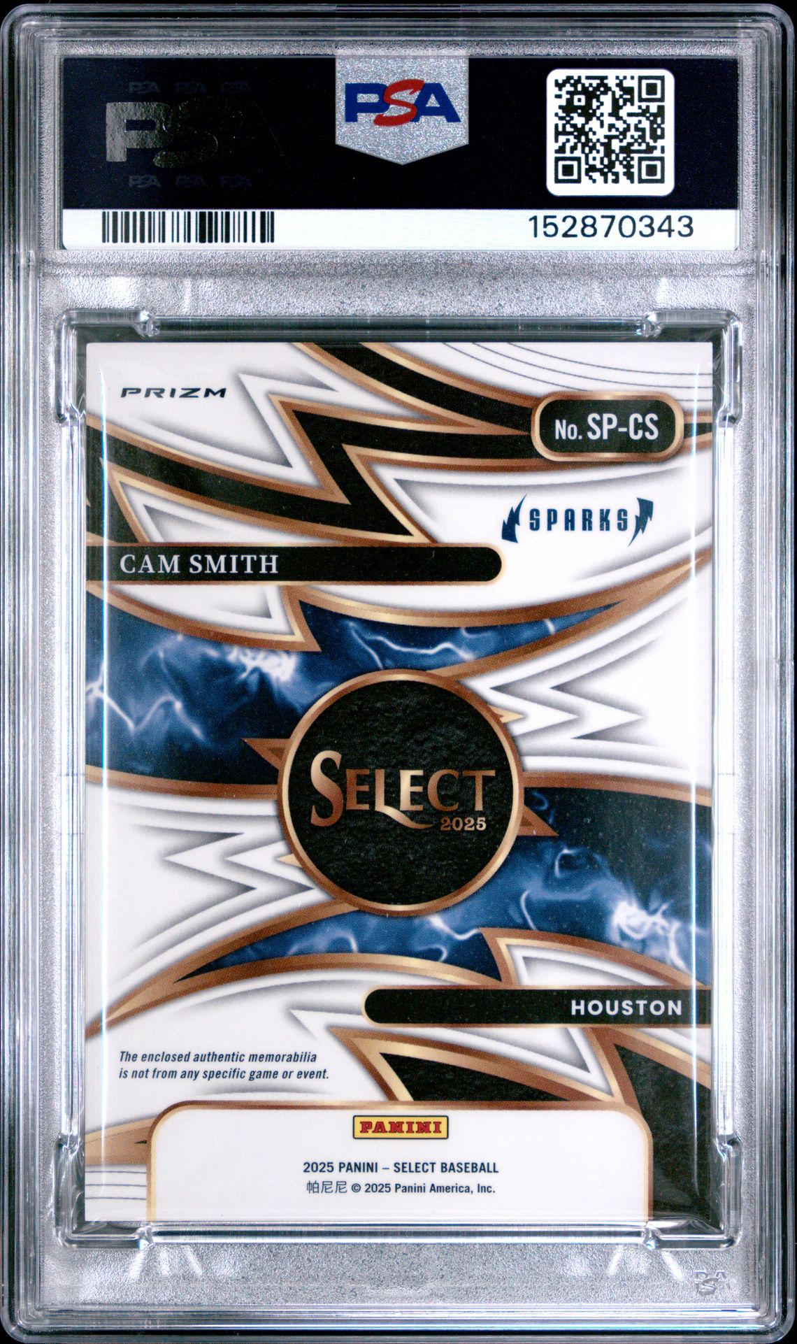 2025 Panini Select Sparks Materials Cam Smith #Sp-Cs Gem Mt 10 back