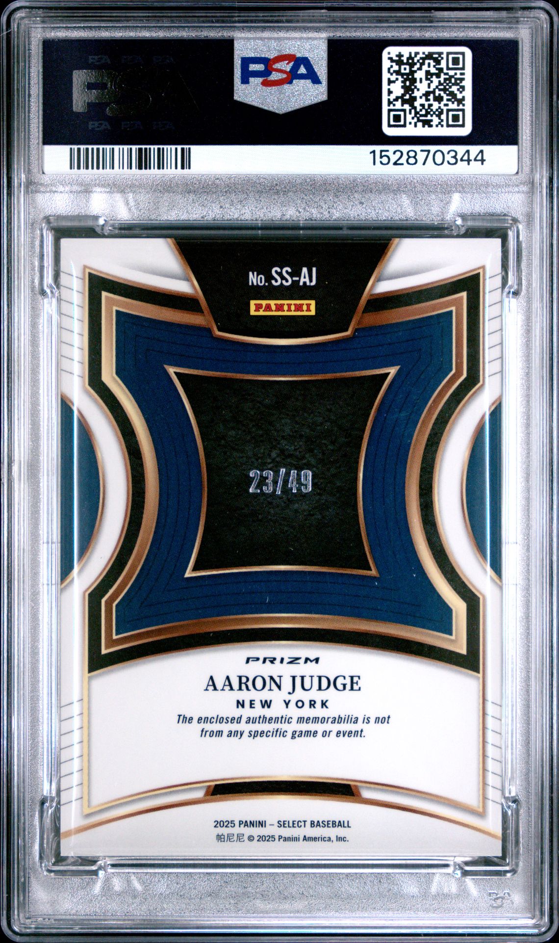 2025 Panini Select Selective Swatches Aaron Judge #Ss-Aj (Selective  Swt-Blue Prizm) Gem Mt 10  Graded Card | 5 Star Cards