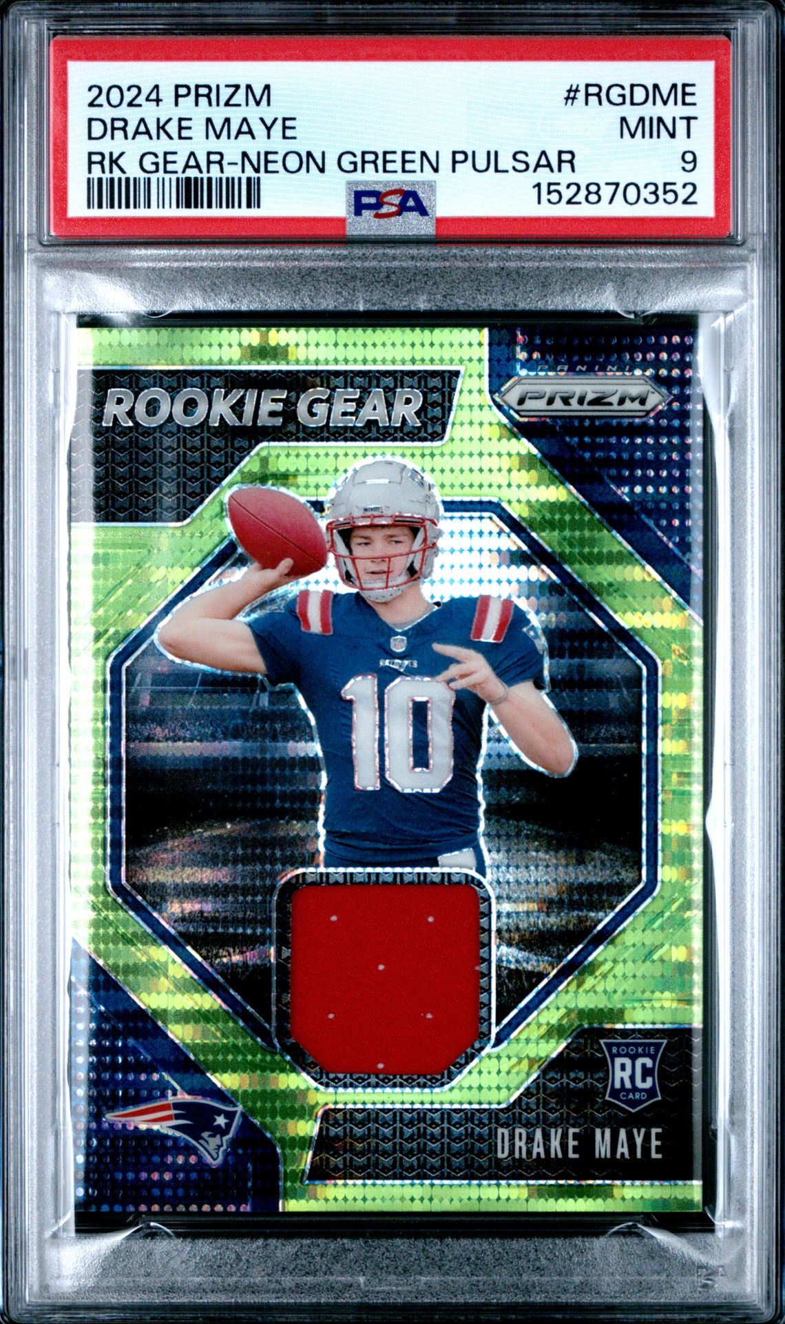 2024 Panini Prizm Rookie Gear Drake Maye #Rgdme (Rk Gear-Neon Green Pulsar) Mint 9 front