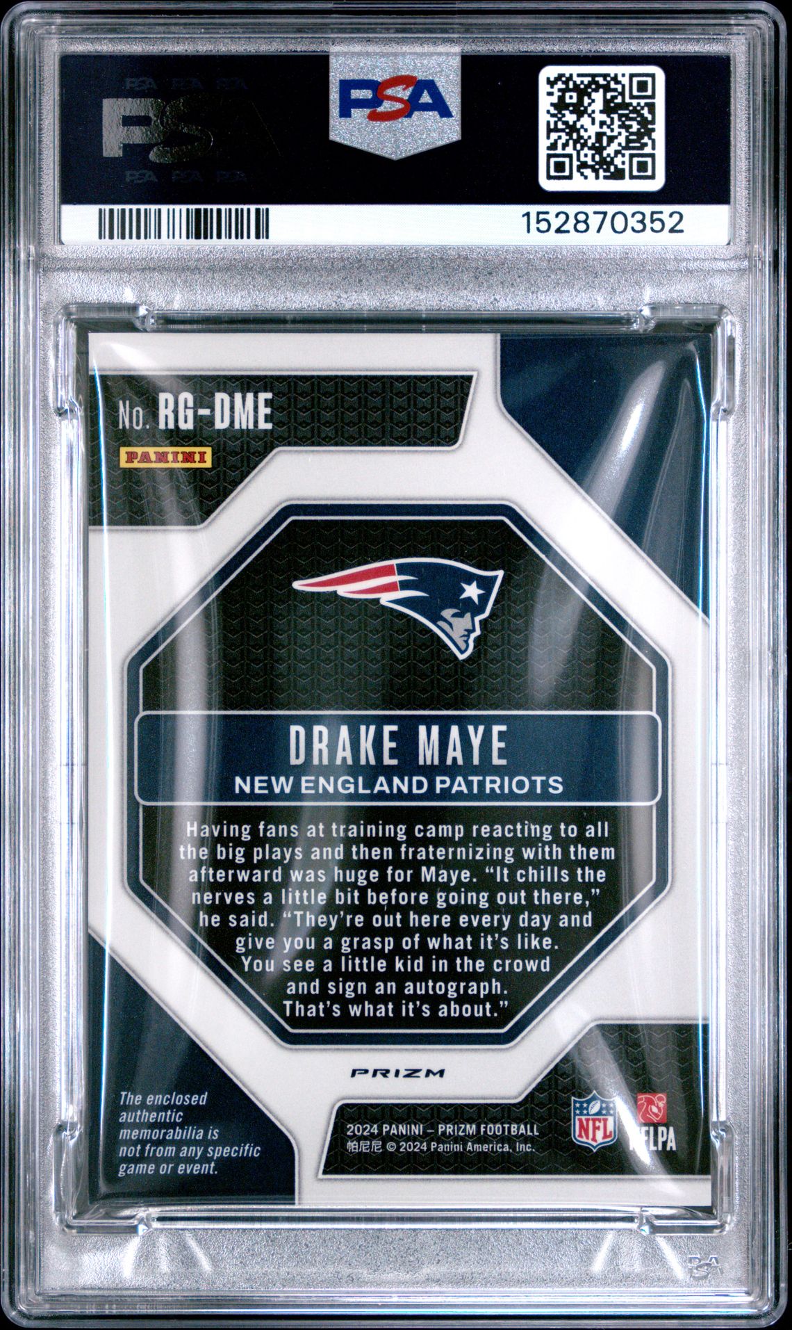 2024 Panini Prizm Rookie Gear Drake Maye #Rgdme (Rk Gear-Neon Green Pulsar) Mint 9 back
