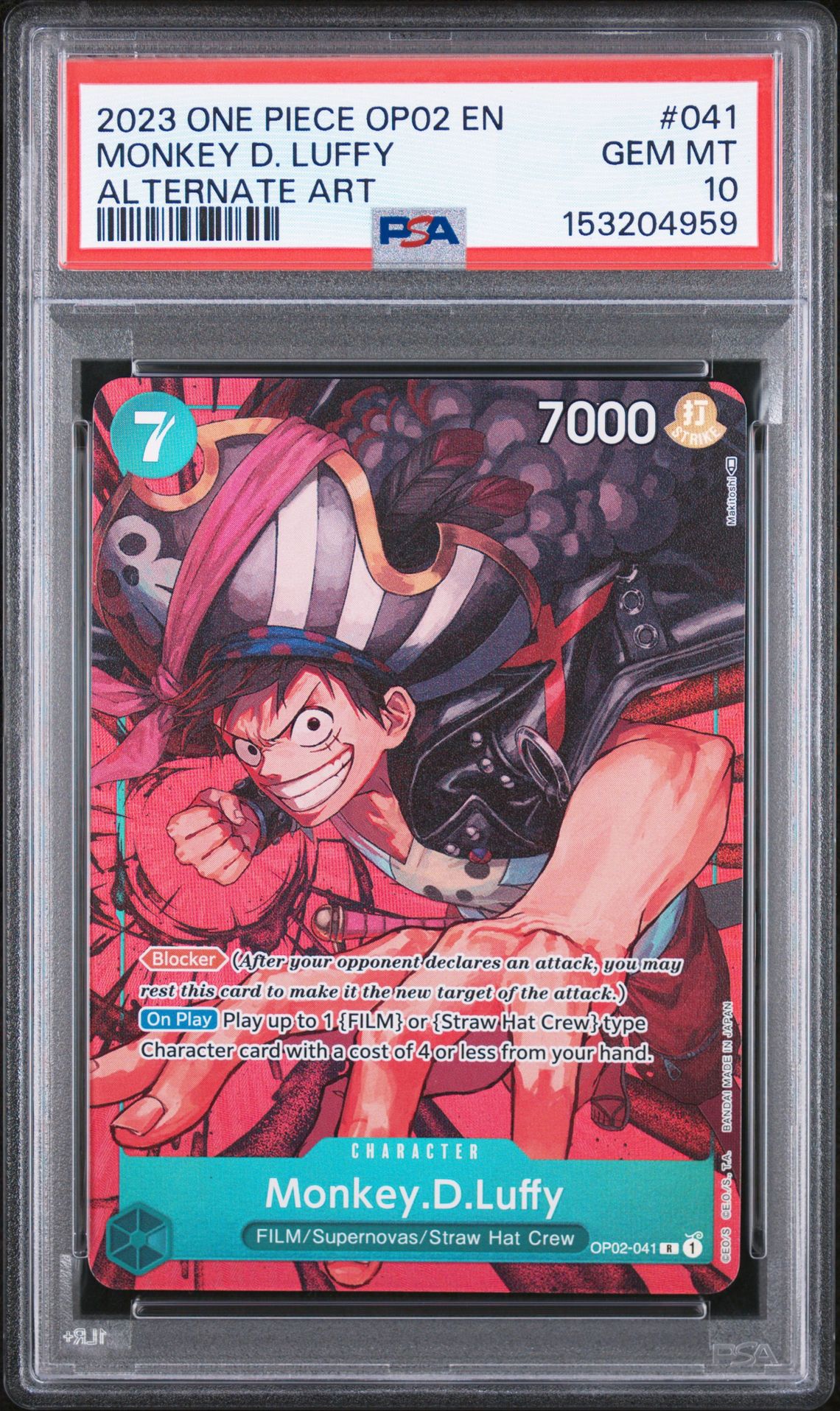 2023 One Piece Op02-Paramount War Monkey D. Luffy #041 (Alternate Art) Gem Mt 10 front view - PSA graded GEM MT 10