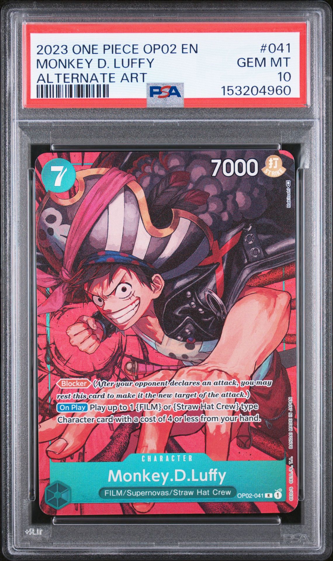 2023 One Piece Op02-Paramount War Monkey D. Luffy #041 (Alternate Art) Gem Mt 10 front view - PSA graded GEM MT 10