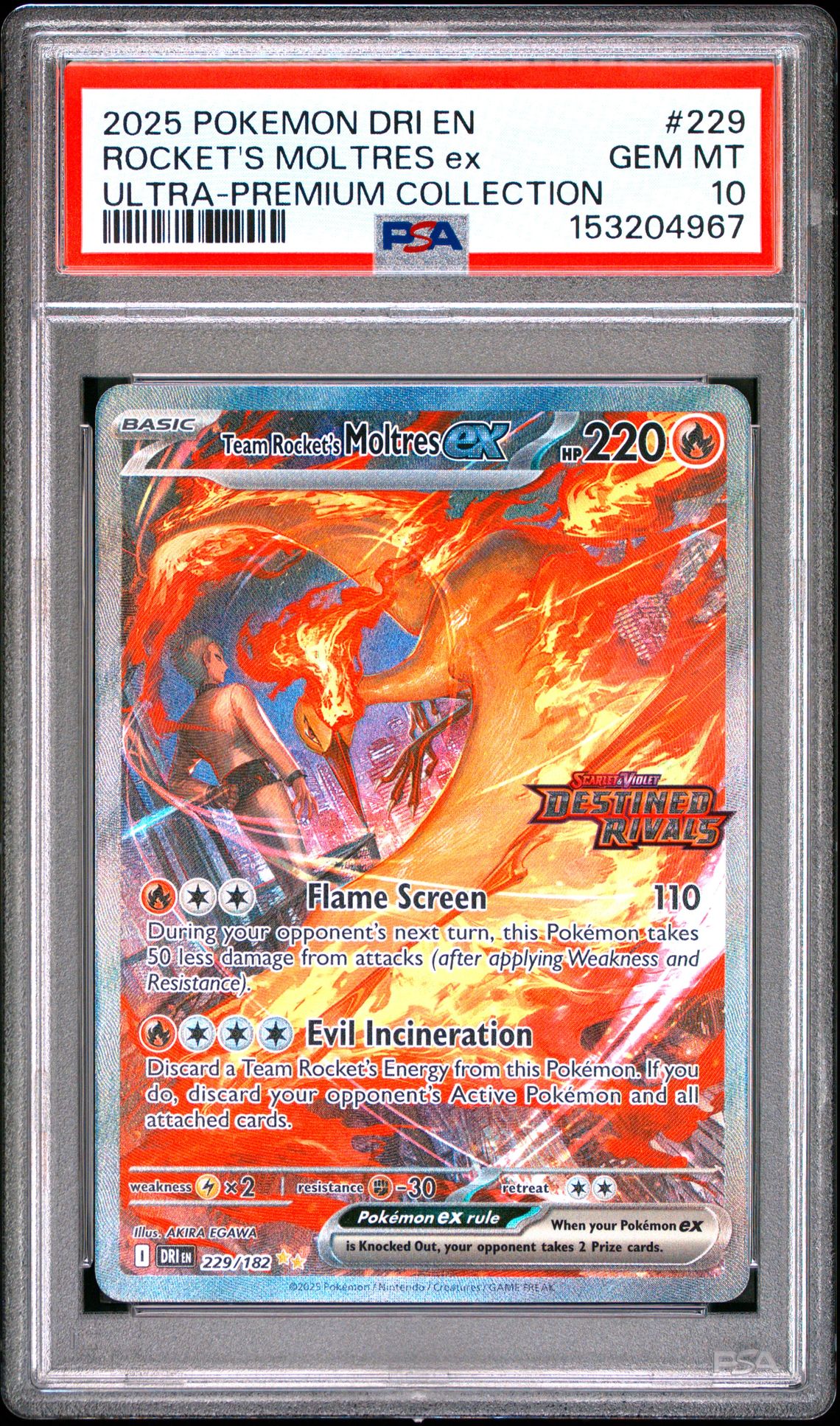 2025 Pokemon Dri En-Destined Rivals Rocket's Moltres Ex #229 (Ultra-Premium Collection) Gem Mt 10 front
