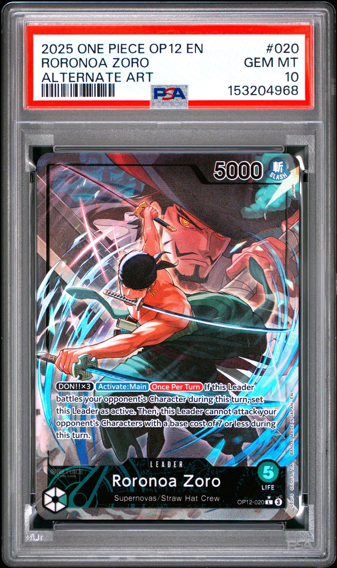 2025 One Piece Op12-Legacy Of The Master Roronoa Zoro #020 (Alternate Art) Gem Mt 10 front