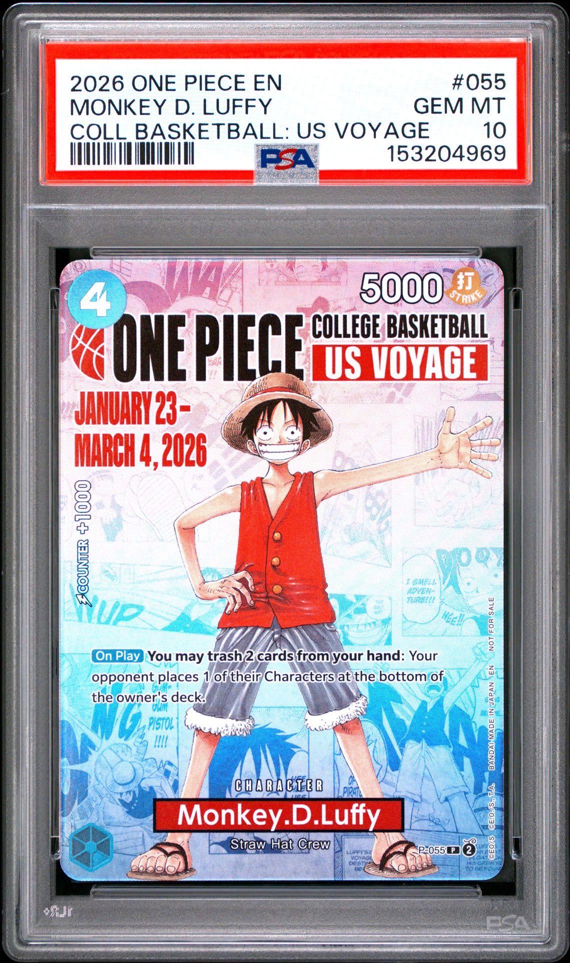 2026 One Piece Promos Monkey D. Luffy #055 (Coll Basketball: Us Voyage) Gem Mt 10 front view - PSA graded GEM MT 10