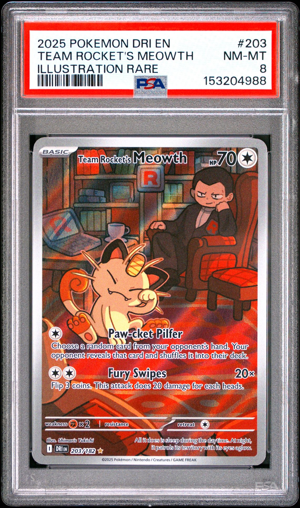2025 Pokemon Dri En-Destined Rivals Team Rocket's Meowth #203 (Illustration Rare) Nm-Mt 8 front