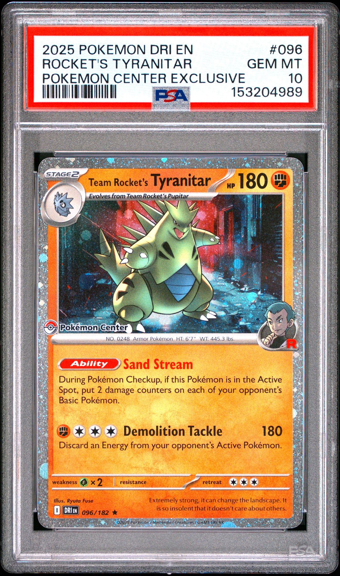 2025 Pokemon Dri En-Destined Rivals Rocket's Tyranitar #096 (Pokemon Center Exclusive) Gem Mt 10 front view - PSA graded GEM MT 10