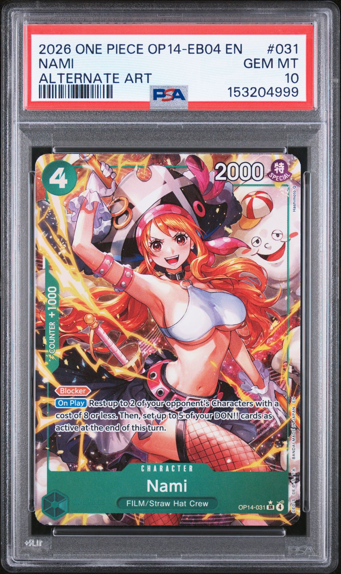 2026 One Piece Op14-Eb04-The Azure Sea's Seven Nami #031 (Alternate Art) Gem Mt 10 front view - PSA graded GEM MT 10