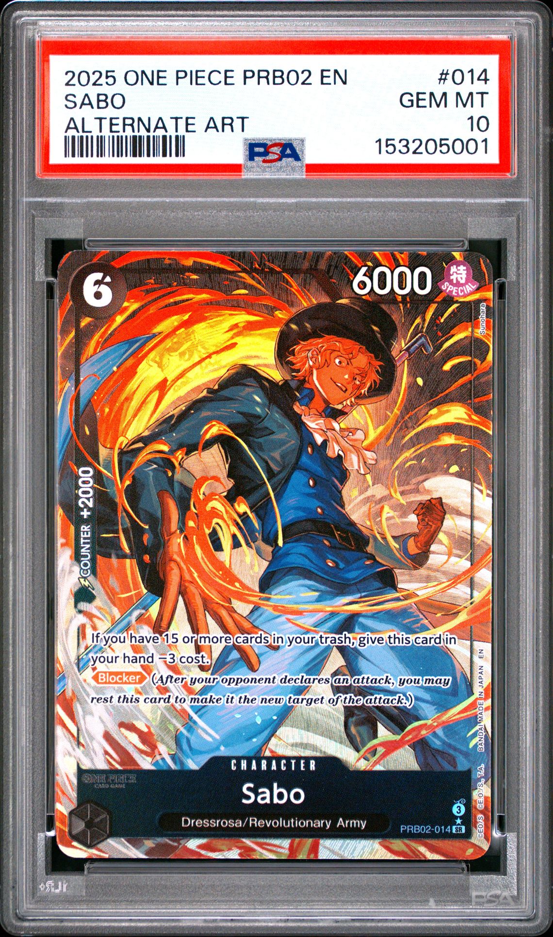 2025 One Piece Prb02-Premium Booster -One Piece Card The Best- Vol.2 Sabo #014 (Alternate Art) Gem Mt 10 front view - PSA graded GEM MT 10