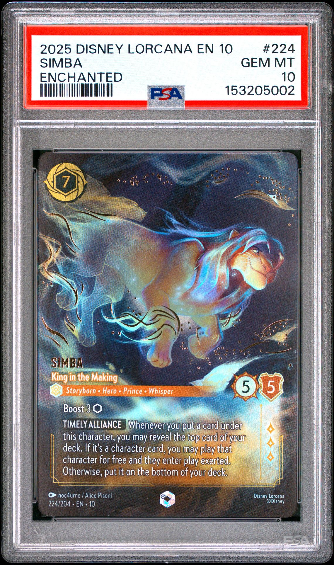 2025 Disney Lorcana En 10-Whispers In The Well Simba #224 (Enchanted) Gem Mt 10 front view - PSA graded GEM MT 10