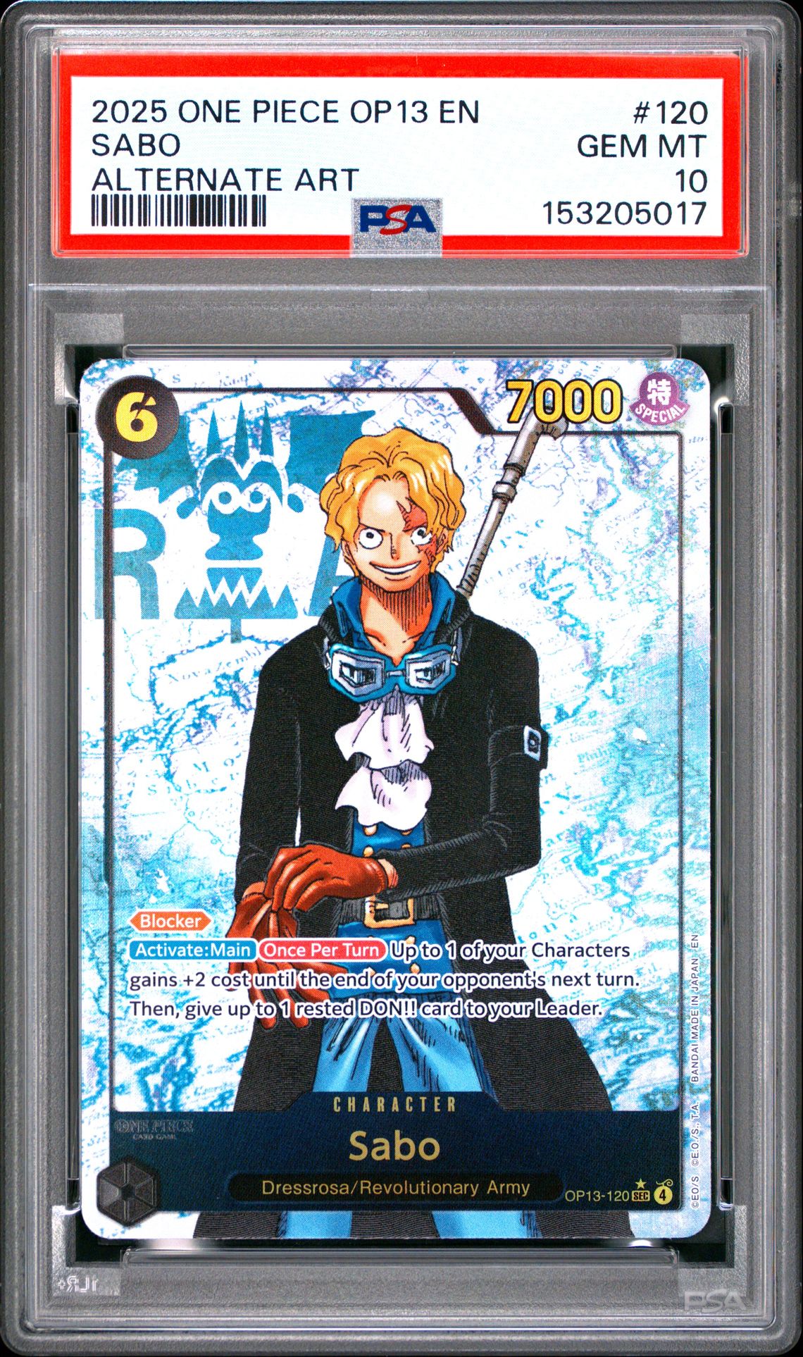 2025 One Piece Op13-Carrying On His Will Sabo #120 (Alternate Art) Gem Mt 10 front view - PSA graded GEM MT 10