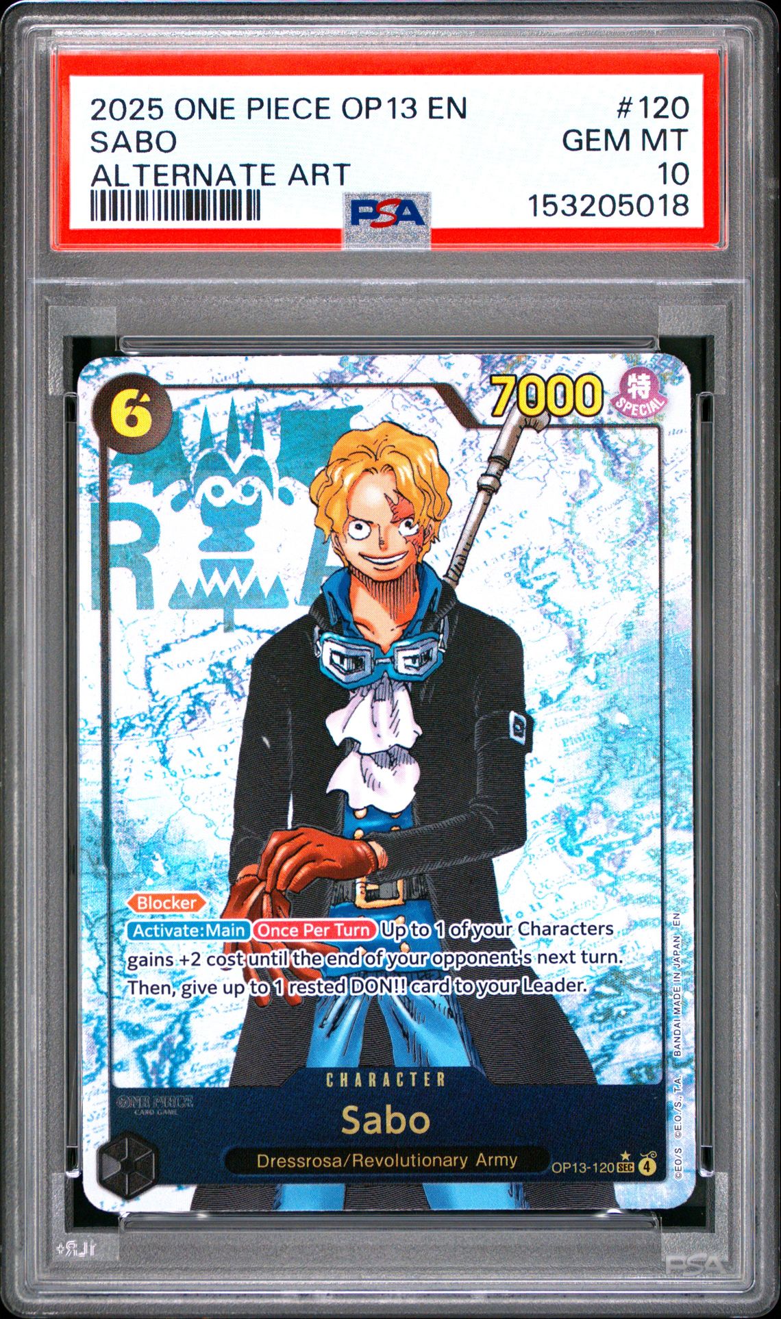 2025 One Piece Op13-Carrying On His Will Sabo #120 (Alternate Art) Gem Mt 10 front view - PSA graded GEM MT 10