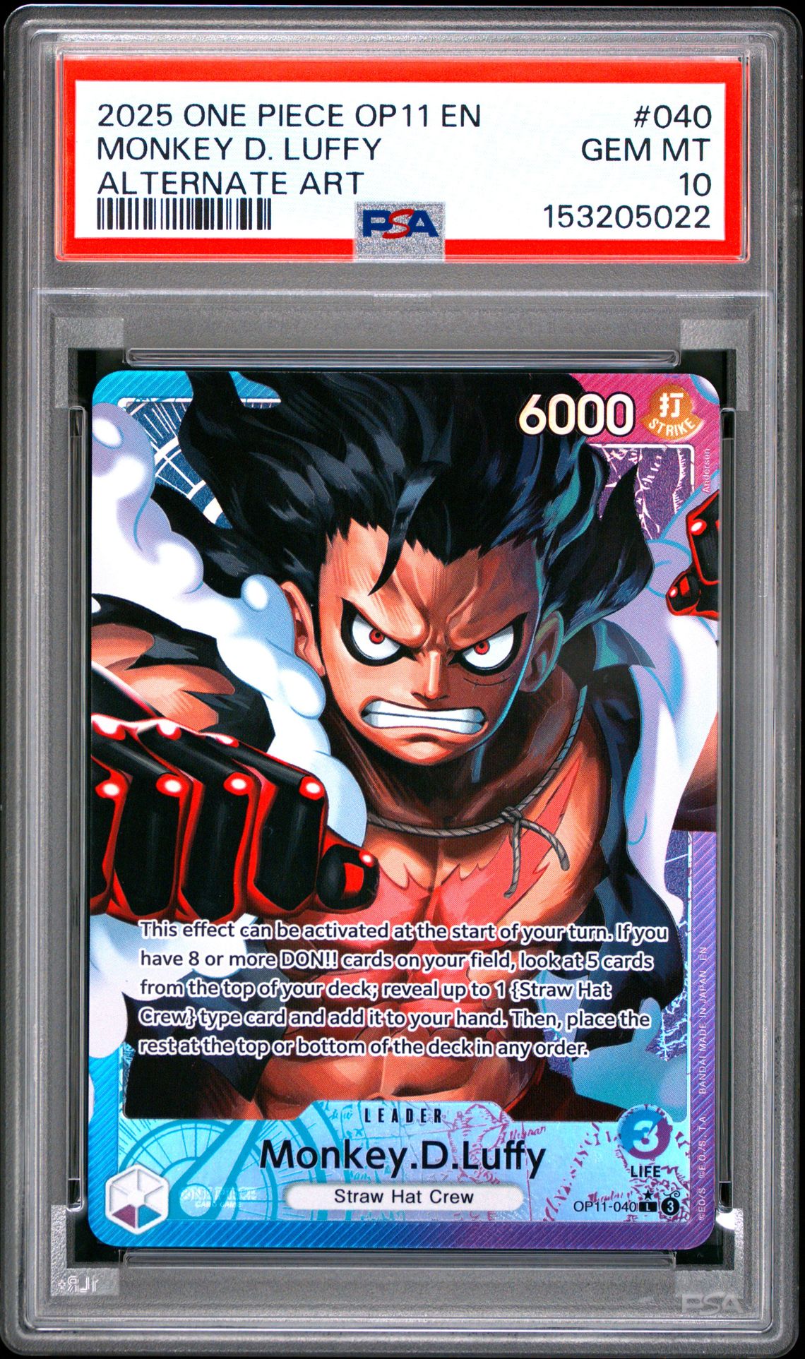 2025 One Piece Op11-A Fist Of Divine Speed Monkey D. Luffy #040 (Alternate Art) Gem Mt 10 front