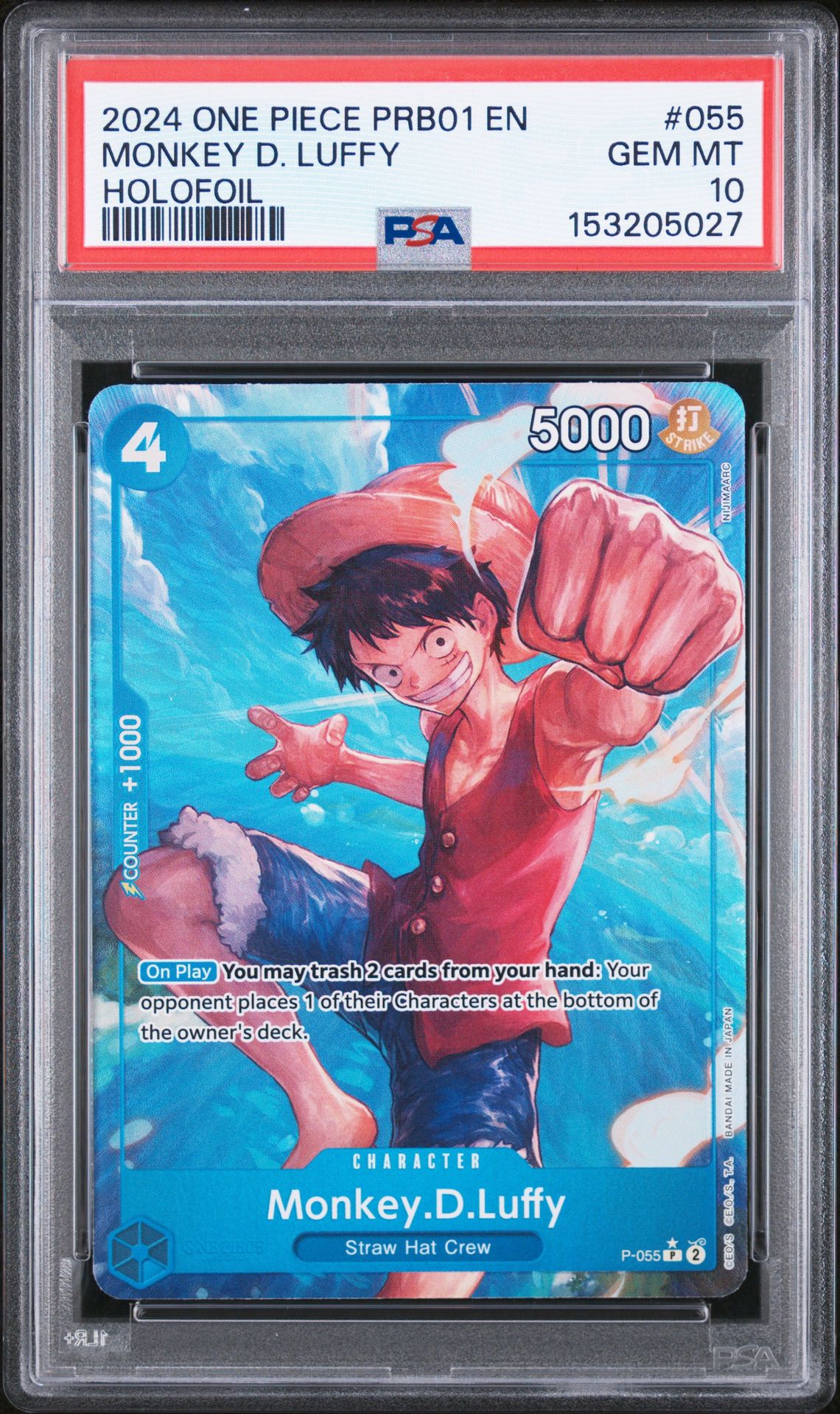 2024 One Piece Prb01-Premium Booster -One Piece Card The Best- Monkey D. Luffy #055 (Holofoil) Gem Mt 10 front view - PSA graded GEM MT 10